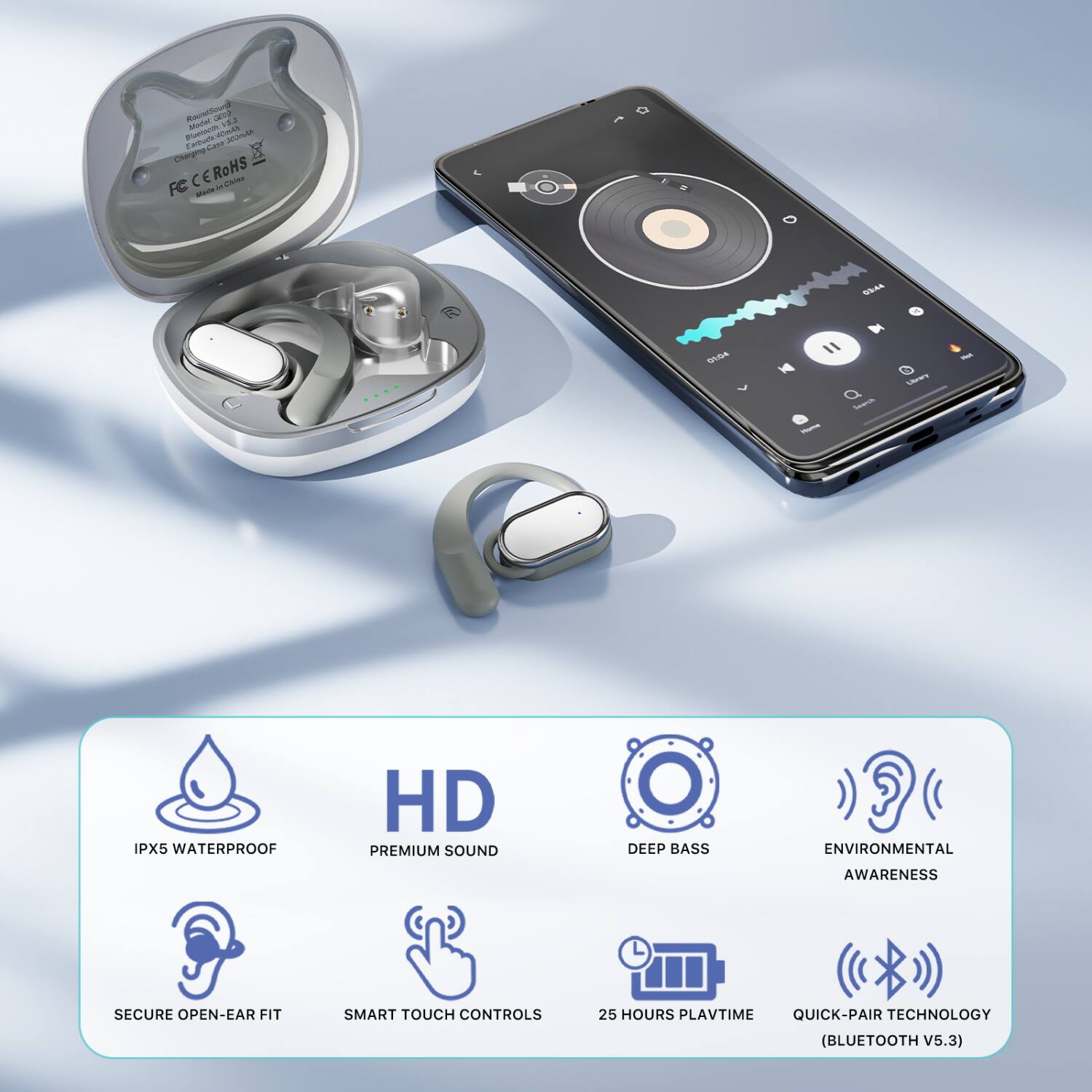 Alt View 3. Echelon - echelon RoundSound Open-Ear True Wireless Earbuds - White - White.