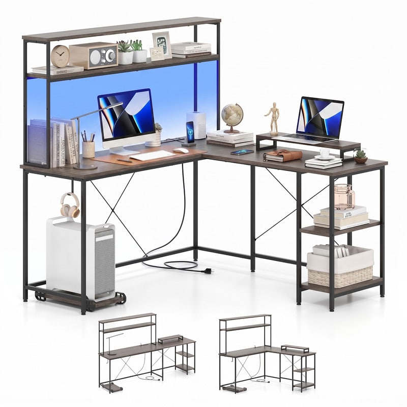 WELLFOR - Large Reversible Computer Desk with LED Light & Power Outlets, L Shape Desk Gaming Desk with Hutch& Monitor Stand - Gray price history on PriceWatchPro