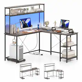 WELLFOR - Large Reversible Computer Desk with LED Light & Power Outlets, L Shape Desk Gaming Desk with Hutch& Monitor Stand - Gray