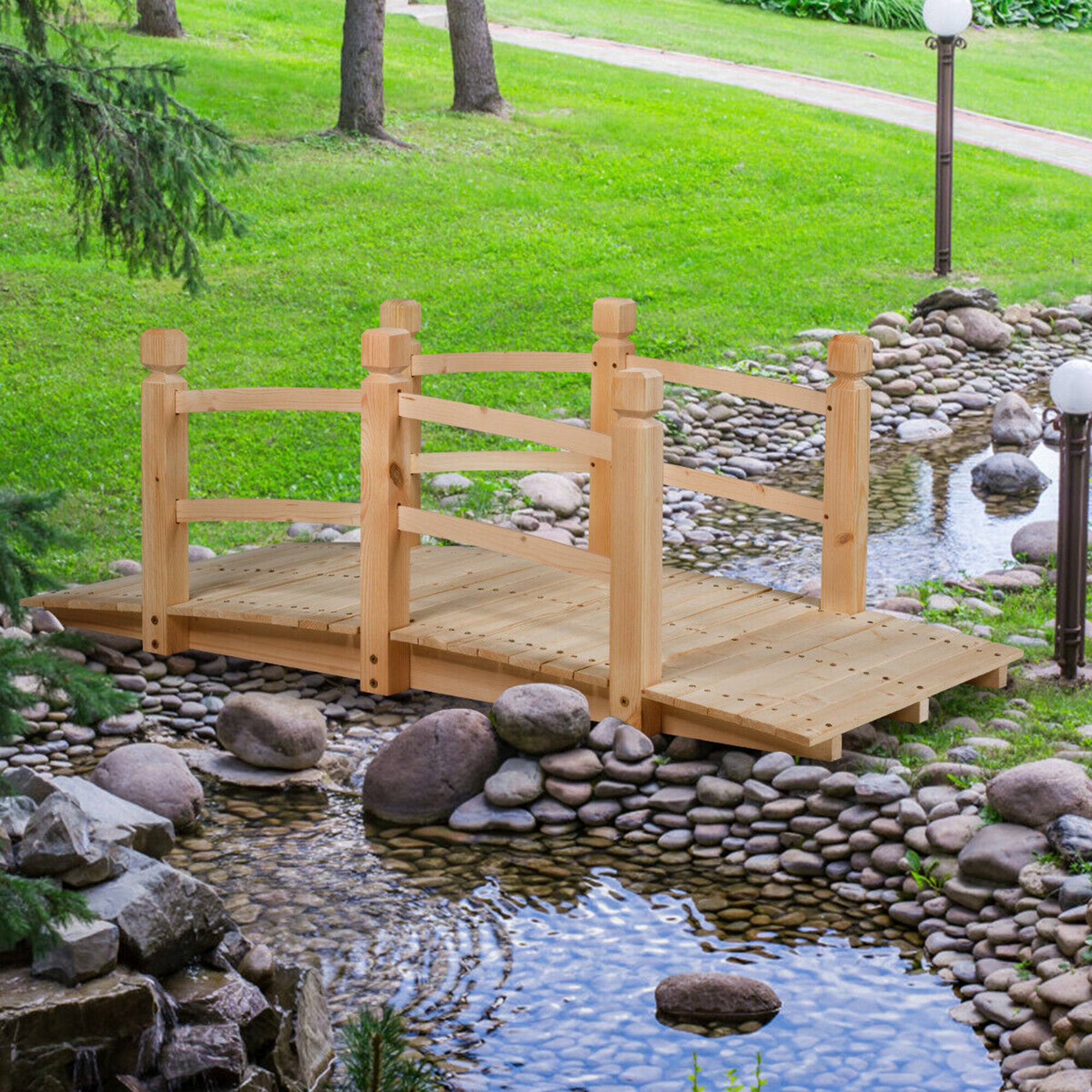 Alt View 2. Gymax - Gymax 5Ft Garden Wooden Bridge Decoration Backyard Pond w/ Safety Rails Natural - Natural.