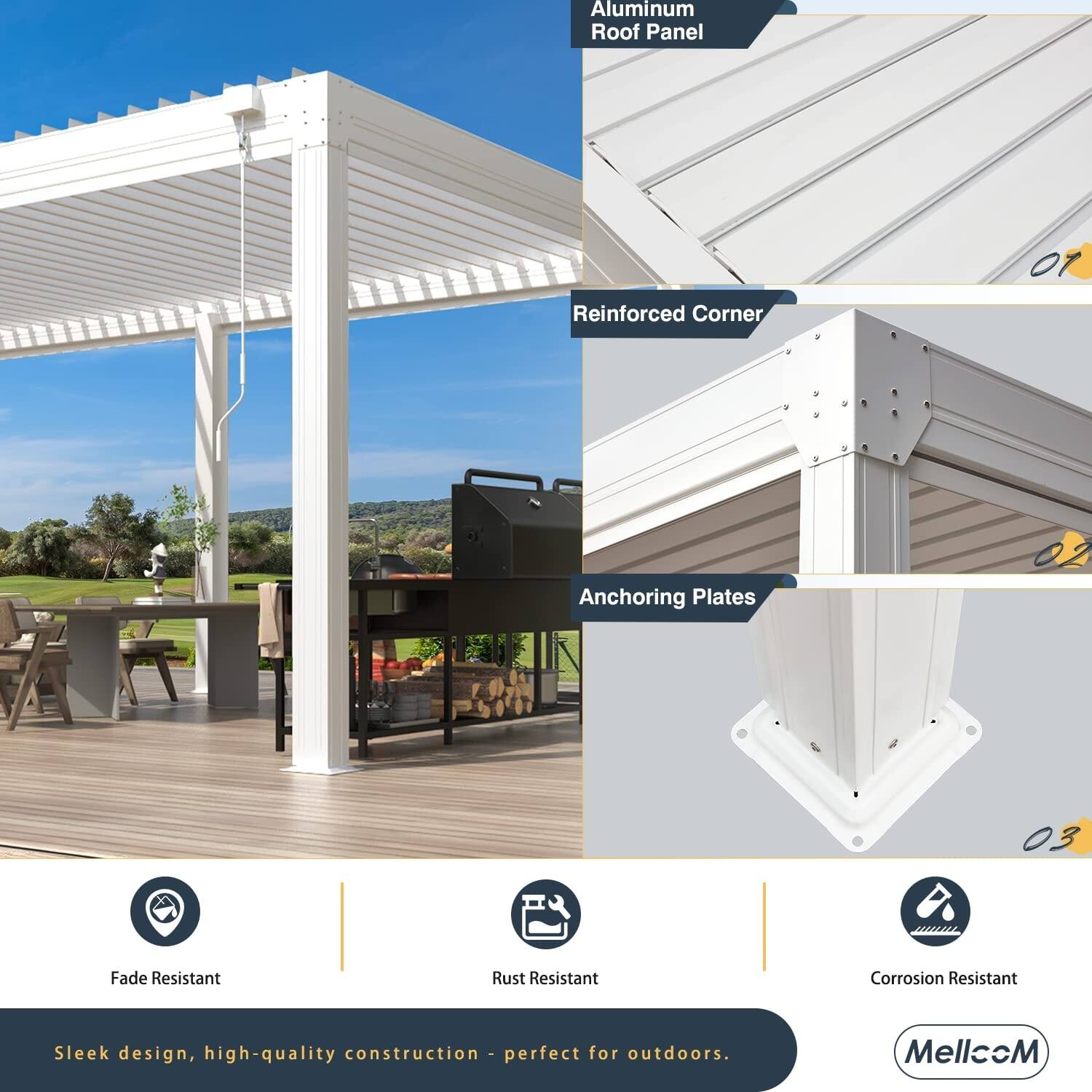 Aluminum Roof Panel  
Reinforced Corner Anchoring Plates  

Fade Resistant  
Rust Resistant  
Corrosion Resistant  

Sleek design, high-quality construction - perfect for outdoors.  

MellcoM