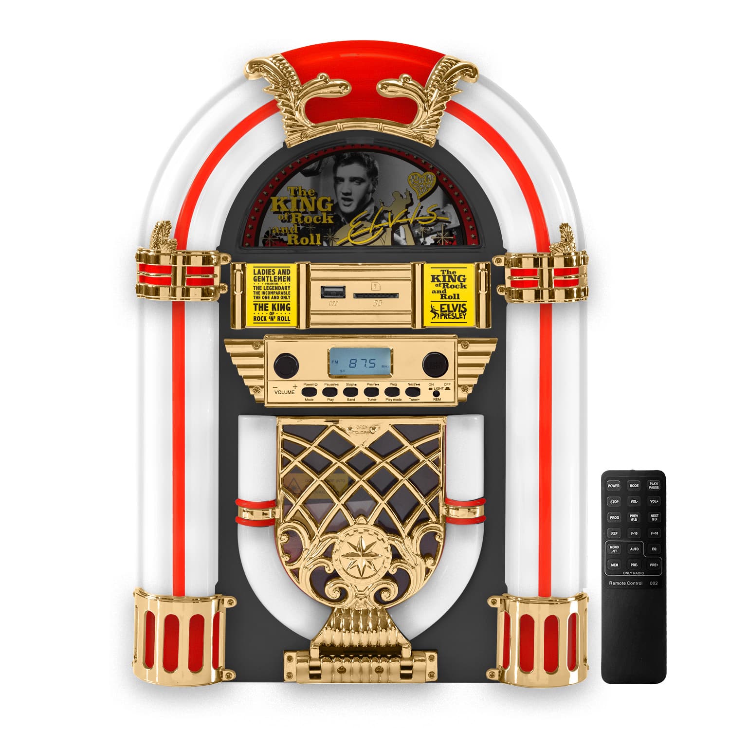 Arkrocket - x Elvis Presley Mini Jukebox/Tabletop CD Player/Bluetooth Speaker/Radio/USB and SD Card Player with Retro LED - Black Golden