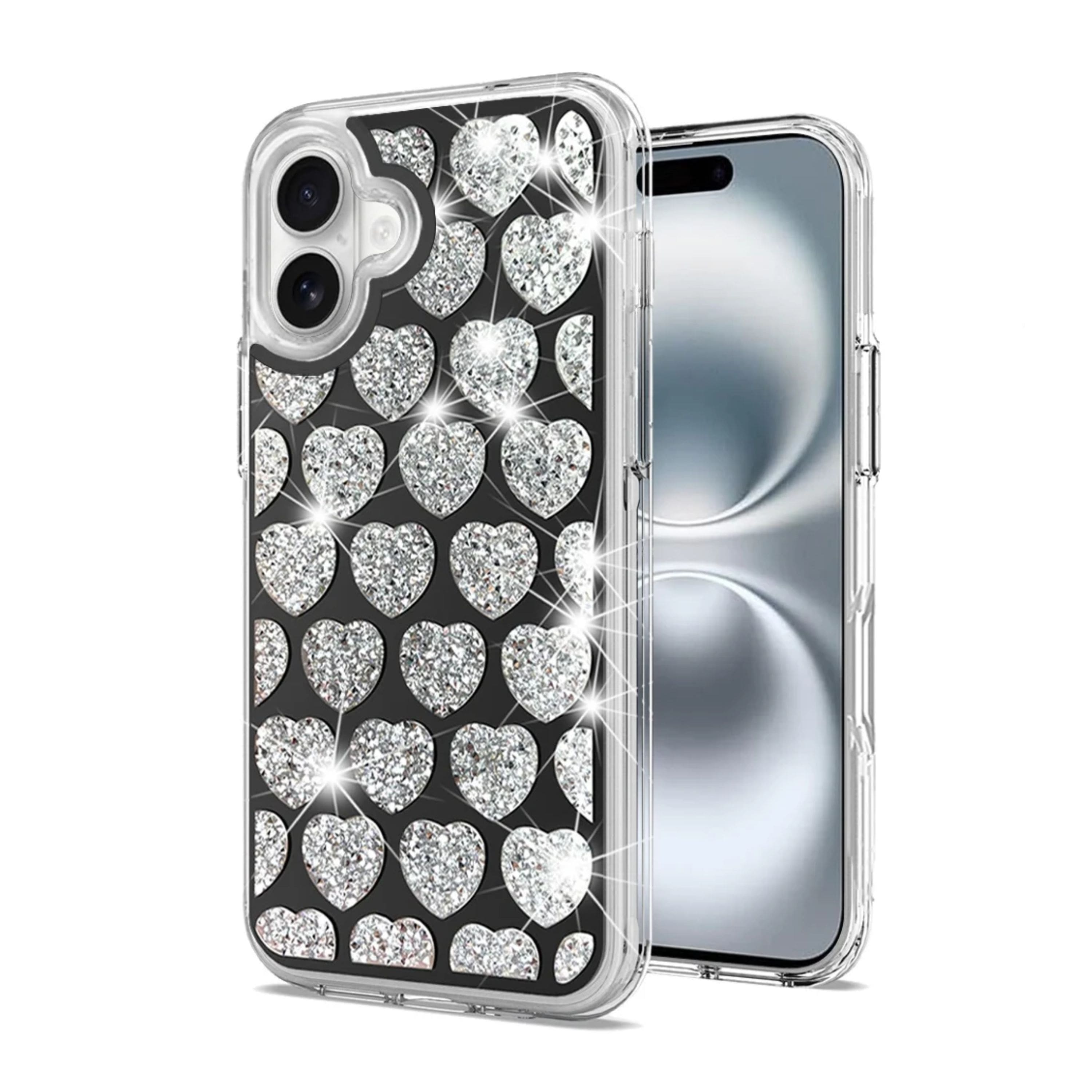 Kitcheniva - Shimmering Bling Hybrid Shockproof Phone Cover With Tempered Glass For iPhone 16 Hearts - Multicolor