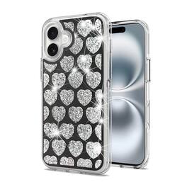 Kitcheniva - Shimmering Bling Hybrid Shockproof Phone Cover With Tempered Glass For iPhone 16 Hearts - Multicolor