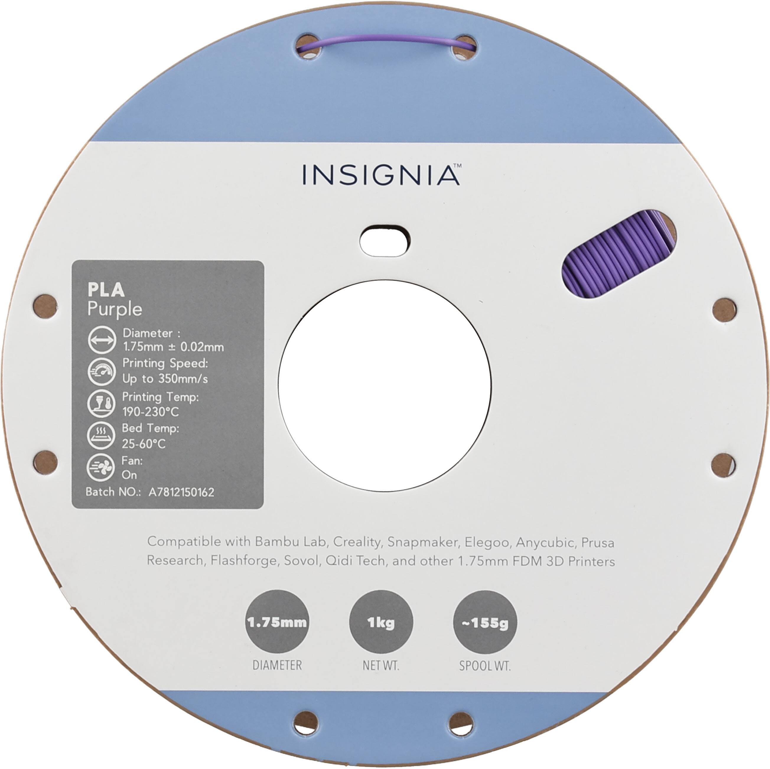 INSIGNIA™

PLA Purple
Diameter: 1.75mm ± 0.02mm
Printing Speed: Up to 350mm/s
Printing Temp: 190-230°C
Bed Temp: 25-60°C
Fan: On
Batch NO.: A7812150162

Compatible with Bambu Lab, Creality, Snapmaker, Elegoo, Anycubic, Prusa Research, Flashforge, Sovol, Qidi Tech, and other 1.75mm FDM 3D Printers

1.75mm
DIAMETER
NET WT. 1kg
SPOOL WT. ~155g
