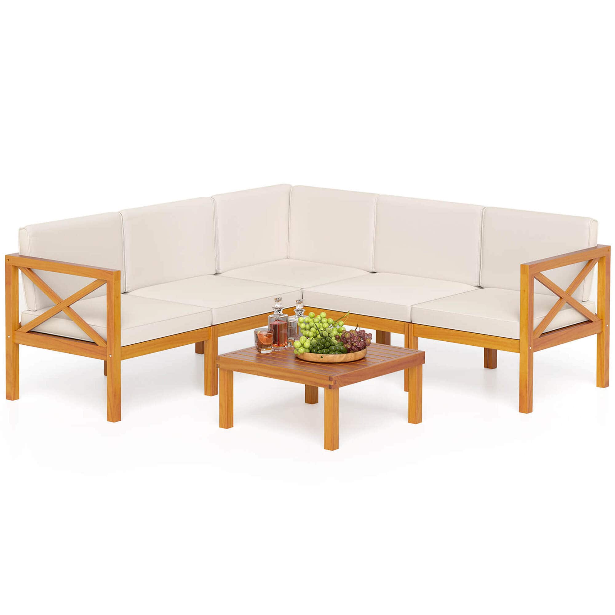 Gymax - Set of 6 Acacia Wood Patio Furniture Set w/ Cushions & Coffee Table - Off White