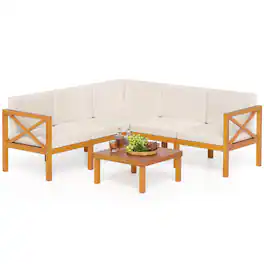 Gymax - Set of 6 Acacia Wood Patio Furniture Set w/ Cushions & Coffee Table - Off White