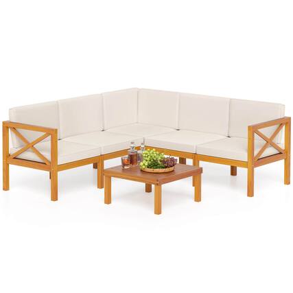 Front. Gymax - Gymax Set of 6 Acacia Wood Patio Furniture Set w/ Cushions & Coffee Table Off White - Off White.
