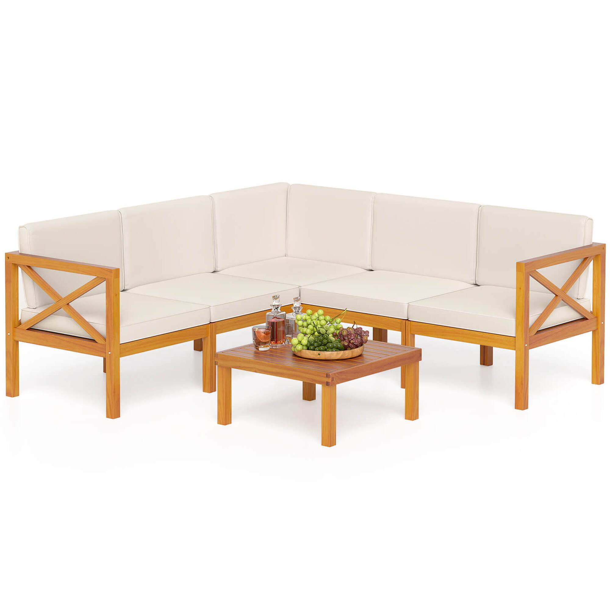 Front. Gymax - Gymax Set of 6 Acacia Wood Patio Furniture Set w/ Cushions & Coffee Table Off White - Off White.