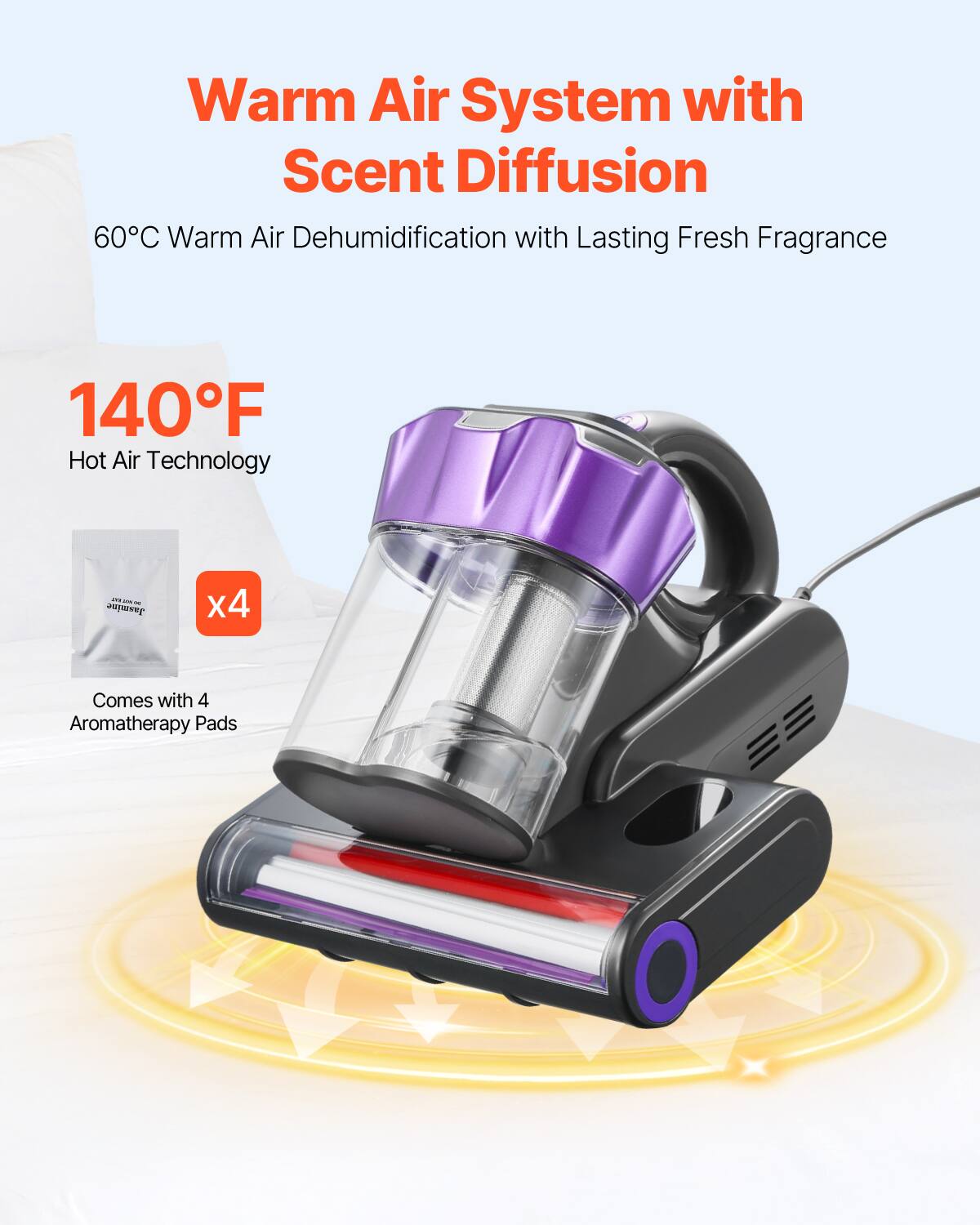Warm Air System with Scent Diffusion  
60°C Warm Air Dehumidification with Lasting Fresh Fragrance  
140°F Hot Air Technology  
... - - Jasmine  
x4  
Comes with 4 Aromatherapy Pads
