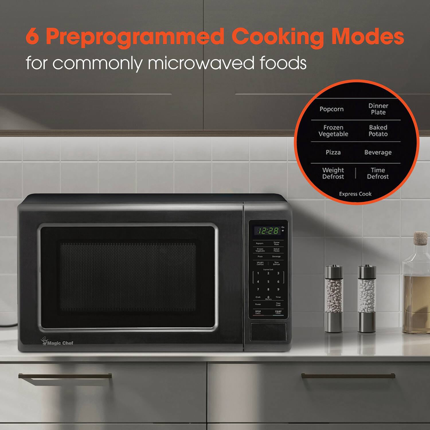 6 Preprogrammed Cooking Modes for commonly microwaved foods

- Popcorn
- Dinner Plate
- Frozen Vegetable
- Baked Potato
- Pizza
- Beverage
- Weight Defrost
- Time Defrost
- Express Cook

12:28

hoga

300

trant Ingredials

Potato

Pyp

See twist

DemeCed 1

4

I

6

1

I

I

DO

0

Your

Power

Serve Com

170F

FEART

Magic Chef