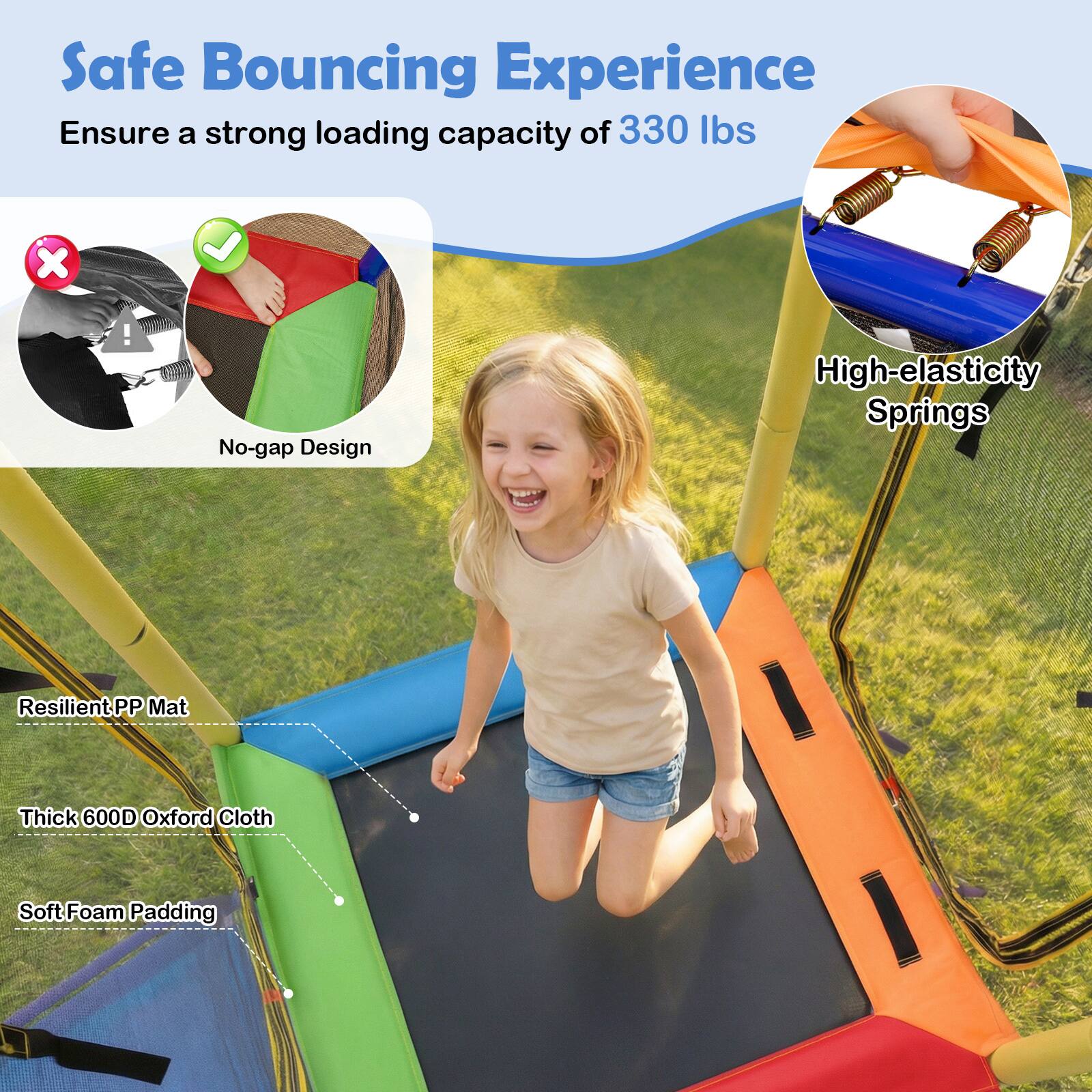 Safe Bouncing Experience  
Ensure a strong loading capacity of 330 lbs  

- No-gap Design  
- High-elasticity Springs  
- Resilient PP Mat  
- Thick 600D Oxford Cloth  
- Soft Foam Padding