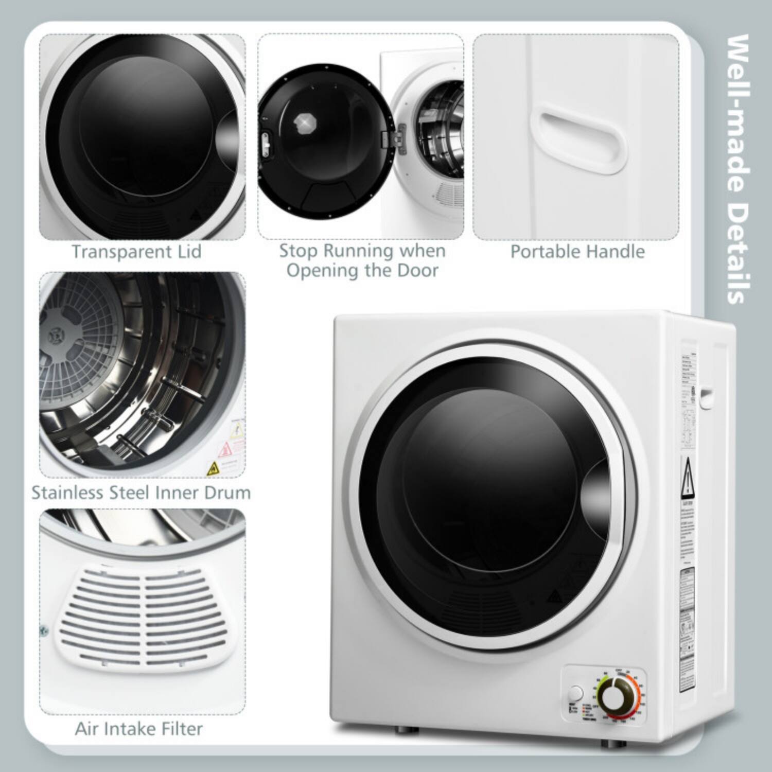 Transparent Lid  
Stop Running when Opening the Door  
Portable Handle  
Stainless Steel Inner Drum  
Air Intake Filter  

Well-made Details