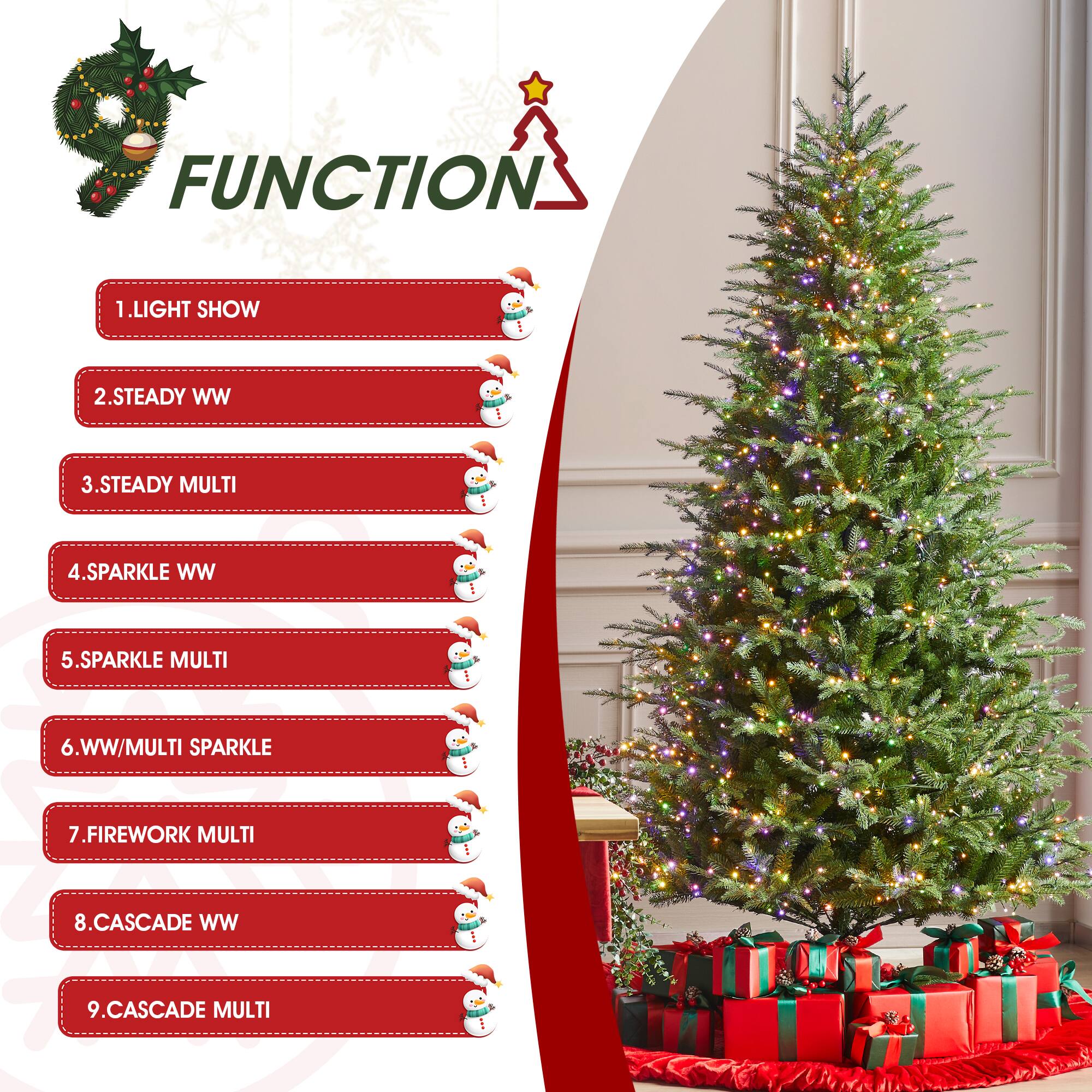 FUNCTION
1. LIGHT SHOW
2. STEADY WW
3. STEADY MULTI
4. SPARKLE WW
5. SPARKLE MULTI
6. WW/MULTI SPARKLE
7. FIREWORK MULTI
8. CASCADE WW
9. CASCADE MULTI