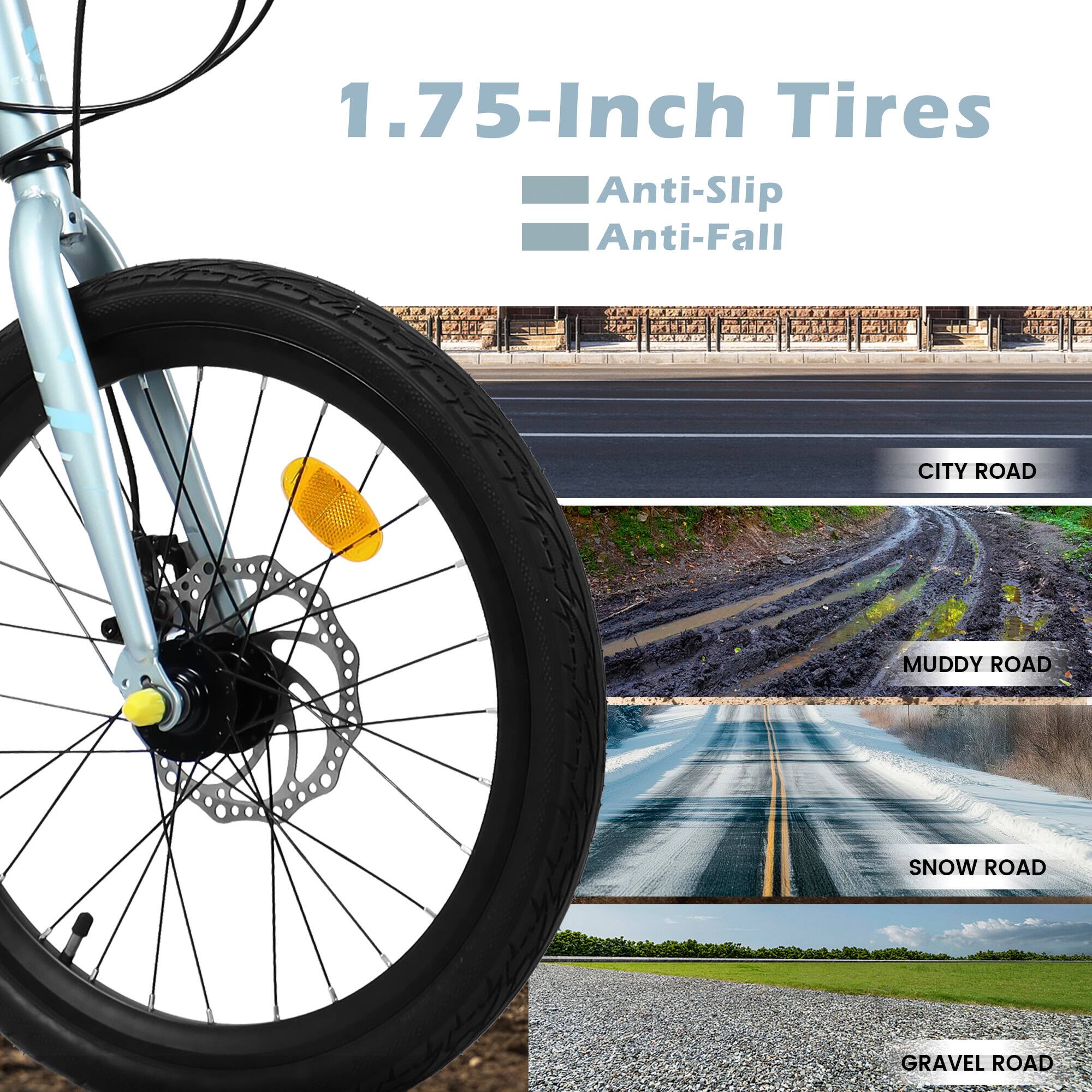 1.75-Inch Tires  
- Anti-Slip  
- Anti-Fall  

CITY ROAD  
MUDDY ROAD  
SNOW ROAD  
GRAVEL ROAD