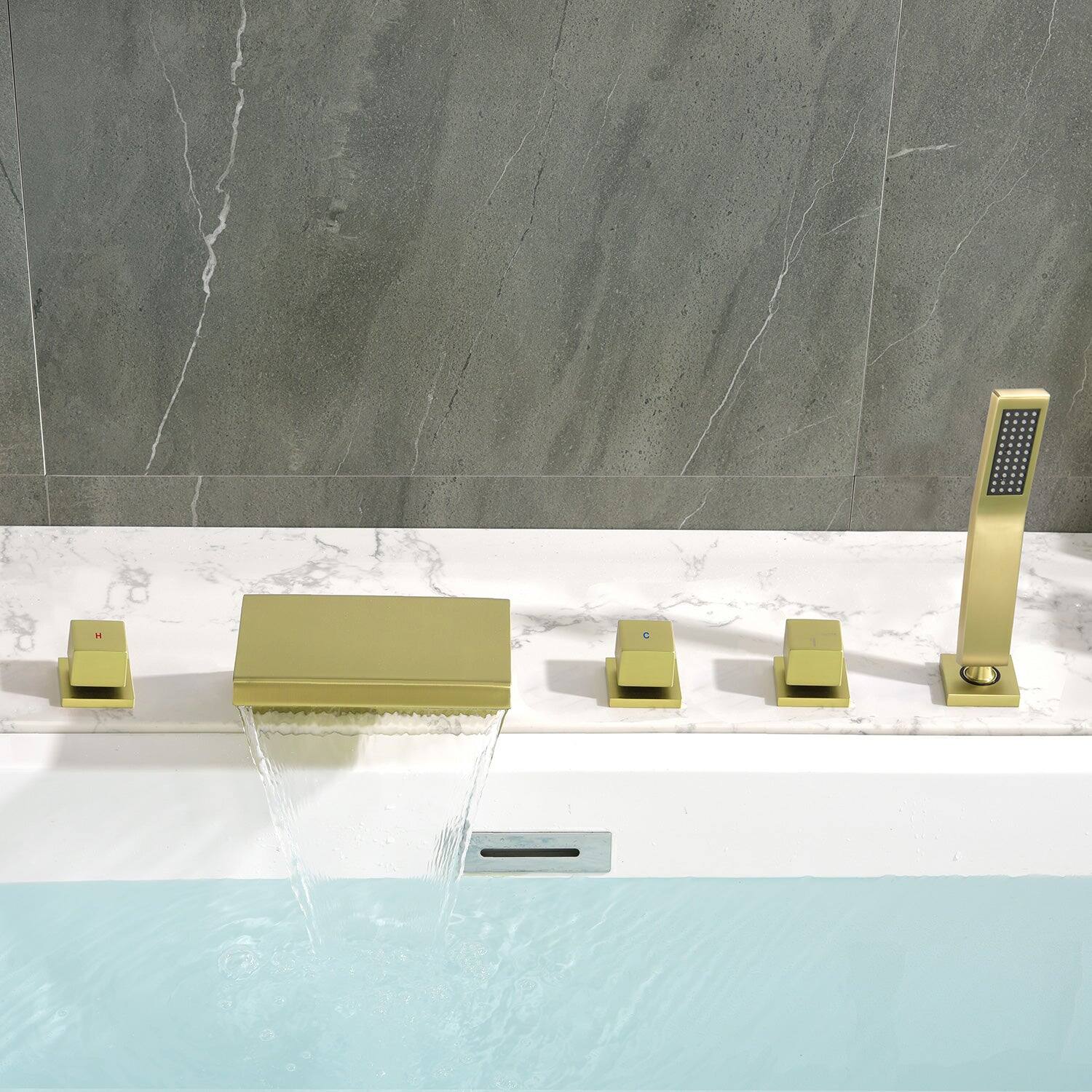 Alt View 3. Boyel Living - Brushed Gold Polygonal Cold and Hot Water Bathtub Faucet with Handheld Shower Waterfall Outlet Five Hole Installation - Brushed Gold.