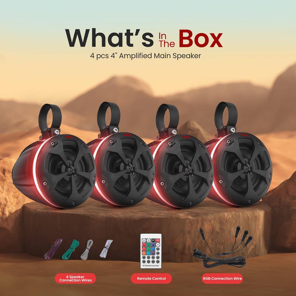 What's In The Box

4 pcs 4" Amplified Main Speaker

- 4 Speaker Connection Wires
- Remote Control
- RGB Connection Wire