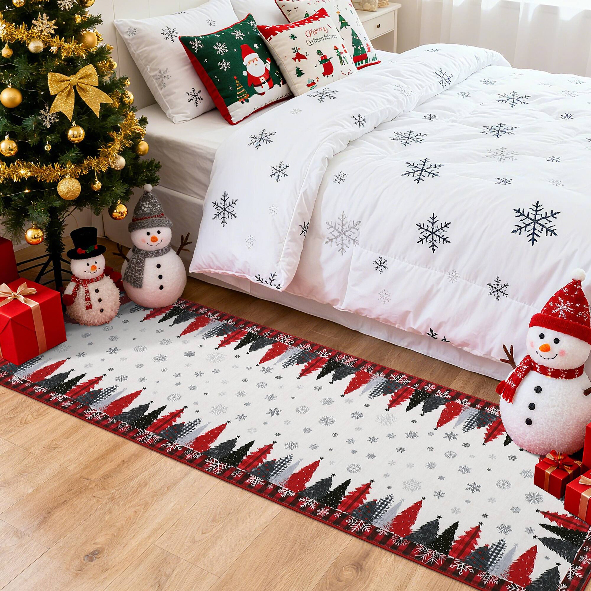 Back. Jojoka - 2x10 ft Red Christmas Area Rug, Tree Snowflake Checkered Print, Washable, Non-Slip, Holiday Living Room - Red.