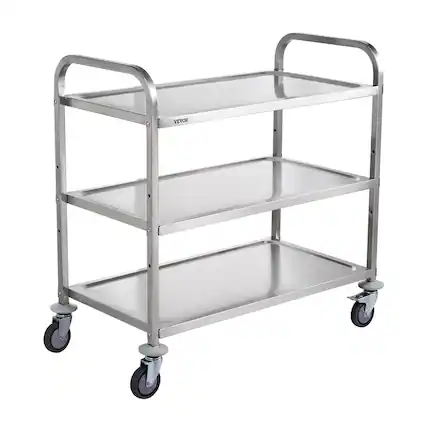 Front. VEVOR - Kitchen Utility Cart, 3 Tiers, Wire Rolling Cart on Wheels with 450LBS, with 80mm Basket Curved Handle PP Liner 6 Hooks - Silver.