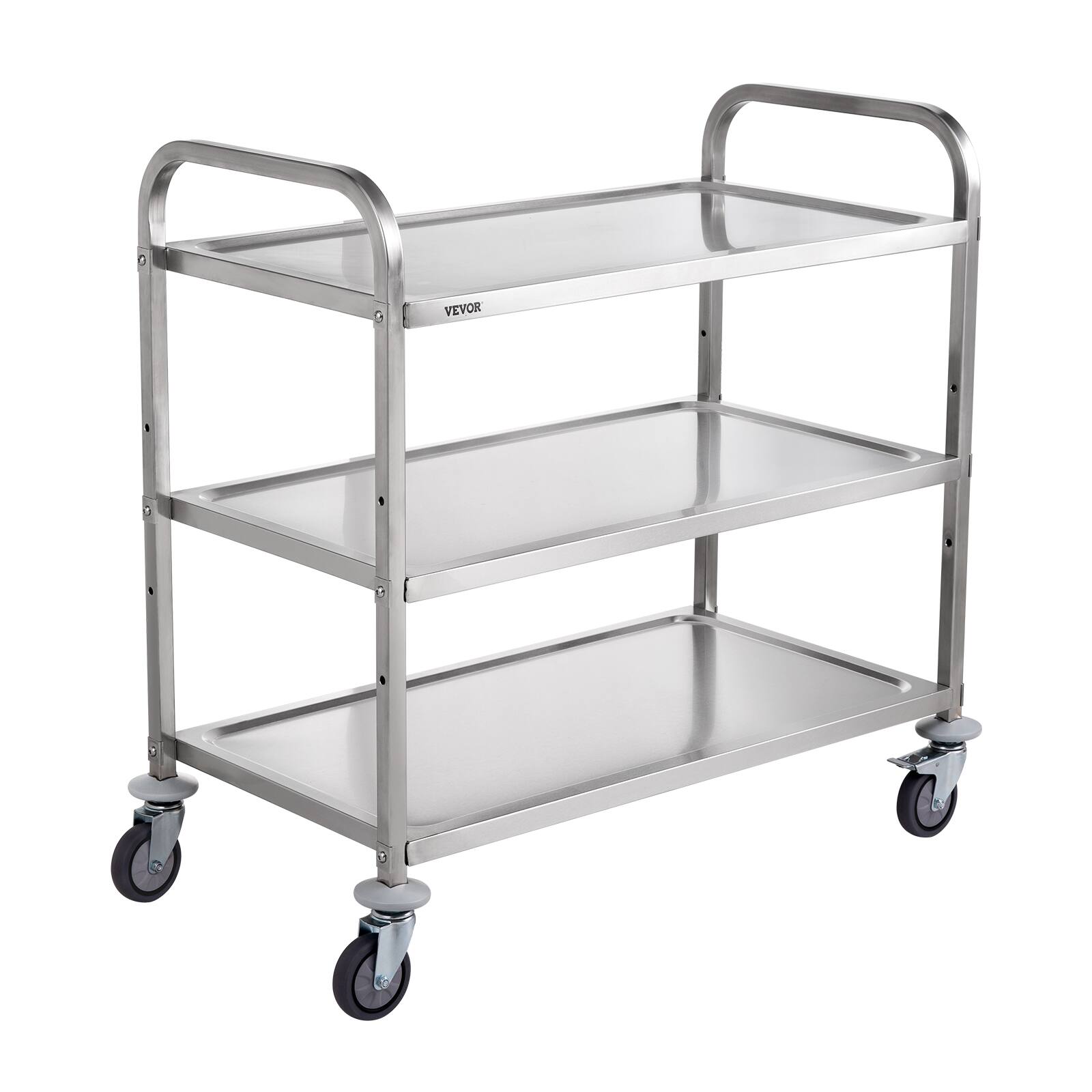 Front. VEVOR - Kitchen Utility Cart, 3 Tiers, Wire Rolling Cart on Wheels with 450LBS, with 80mm Basket Curved Handle PP Liner 6 Hooks - Silver.