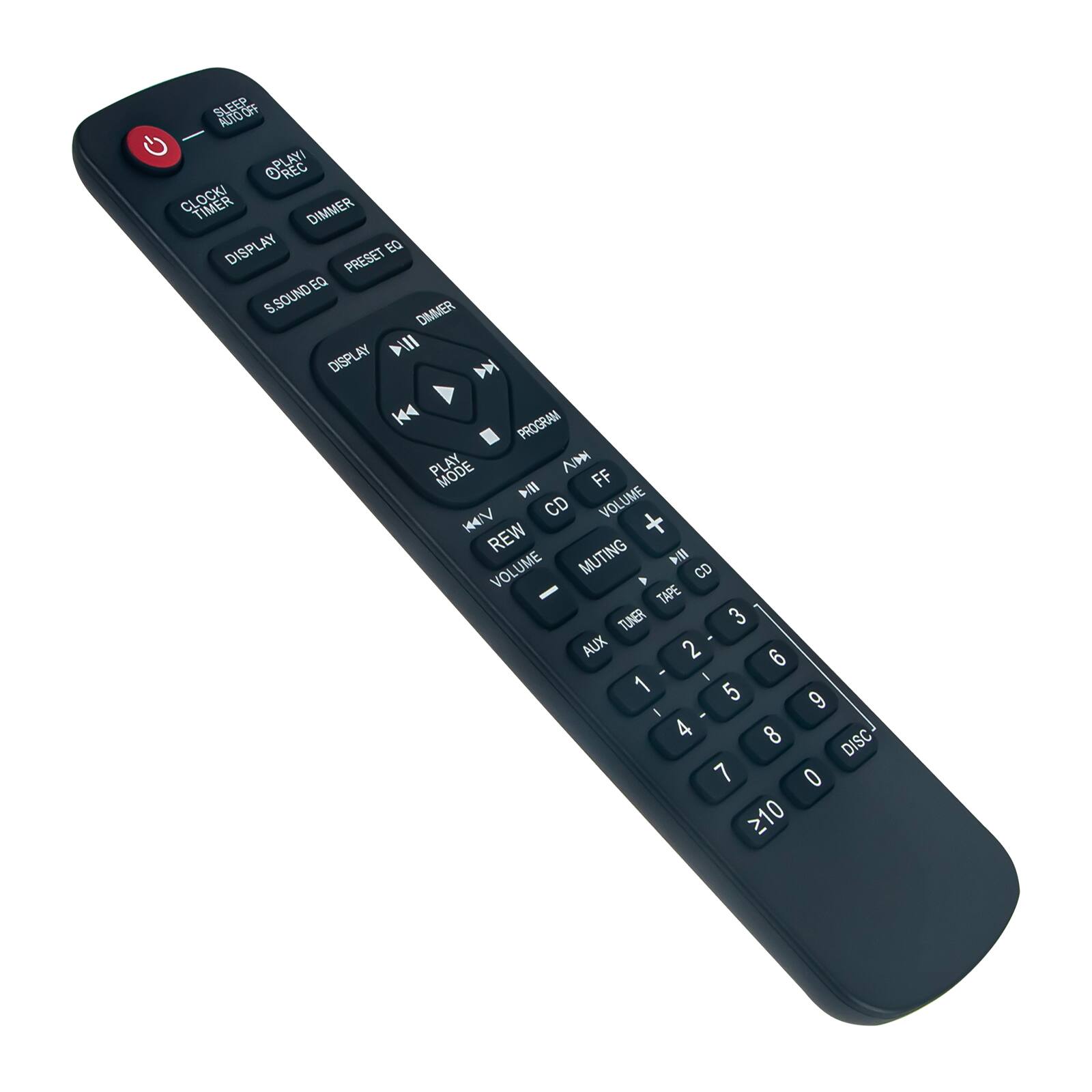 Sure, here is the corrected and grouped text from the image:

- SLEEP
- AUTO OFF
- CLOCK TIMER
- DISPLAY
- DIMMER
- EQ
- PRESET EQ
- S.SOUND EQ
- DIMMER
- DISPLAY
- PROGRAM
- PLAY MODE
- AM/FM
- CD
- VOLUME
- REW
- FF
- MUTE
- TAPE
- TUNER
- AUX
- 1
- 2
- 3
- 4
- 5
- 6
- 7
- 8
- 9
- 0
- DISC
- >10