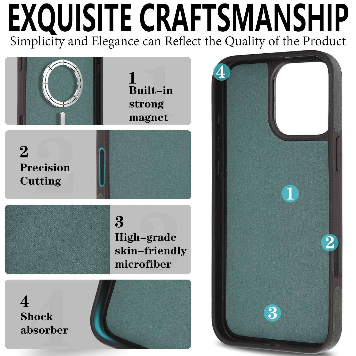 EXQUISITE CRAFTSMANSHIP  
Simplicity and Elegance can Reflect the Quality of the Product  

1. Built-in strong magnet  
2. Precision Cutting  
3. High-grade skin-friendly microfiber  
4. Shock absorber