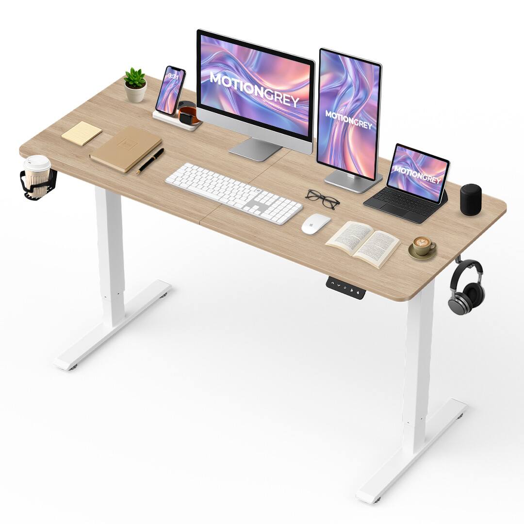 MotionGrey - Ergo2 - Adjustable Electric Standing Desk with Memory Settings - 55" x 24" Light Brown Top - Home & Office Holder & Hook - Light Brown Top White Frame