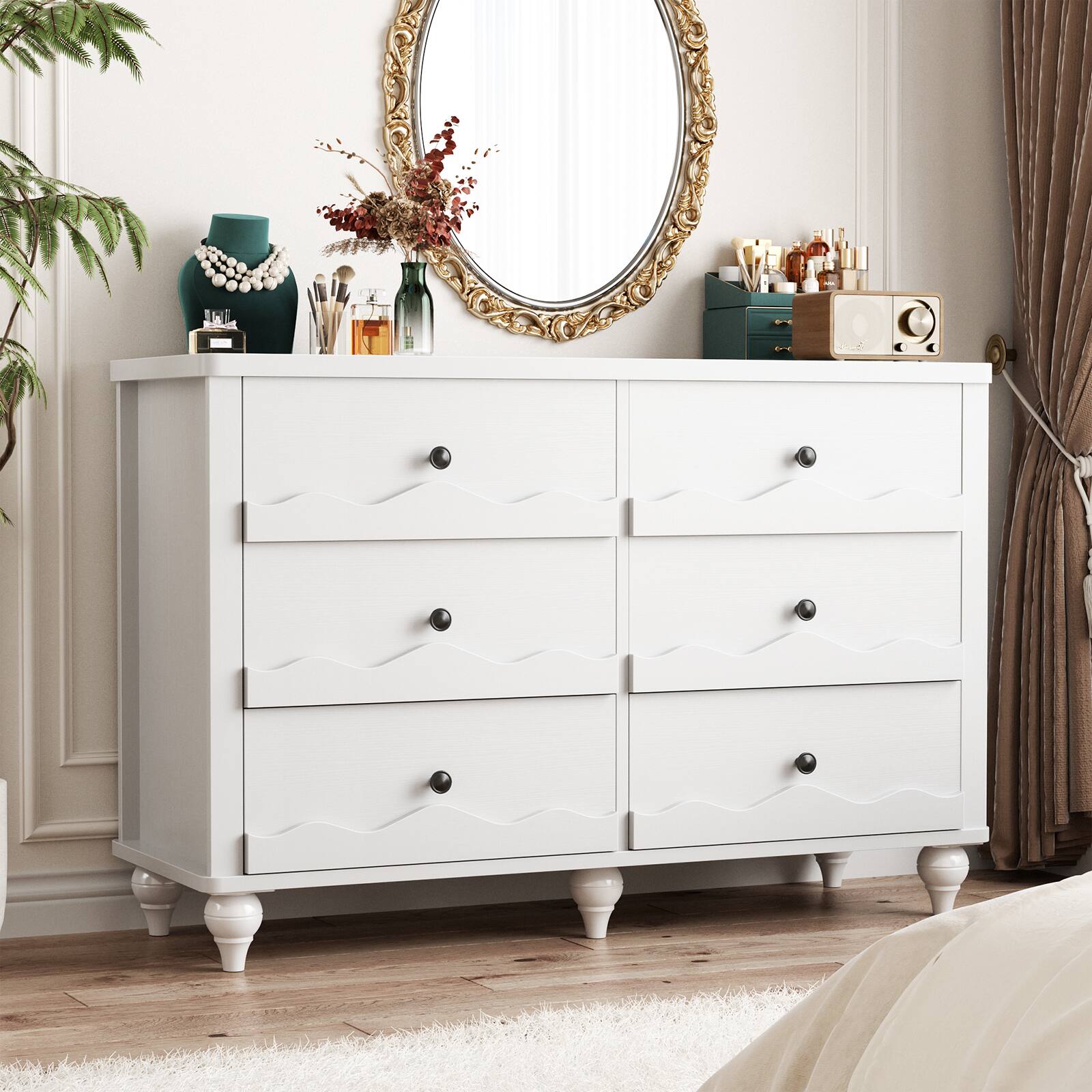 Angle. Aheaplus - 43-inch Modern 6-Drawer Dresser with Scalloped Front for Bedroom & Living Room Storage - White.