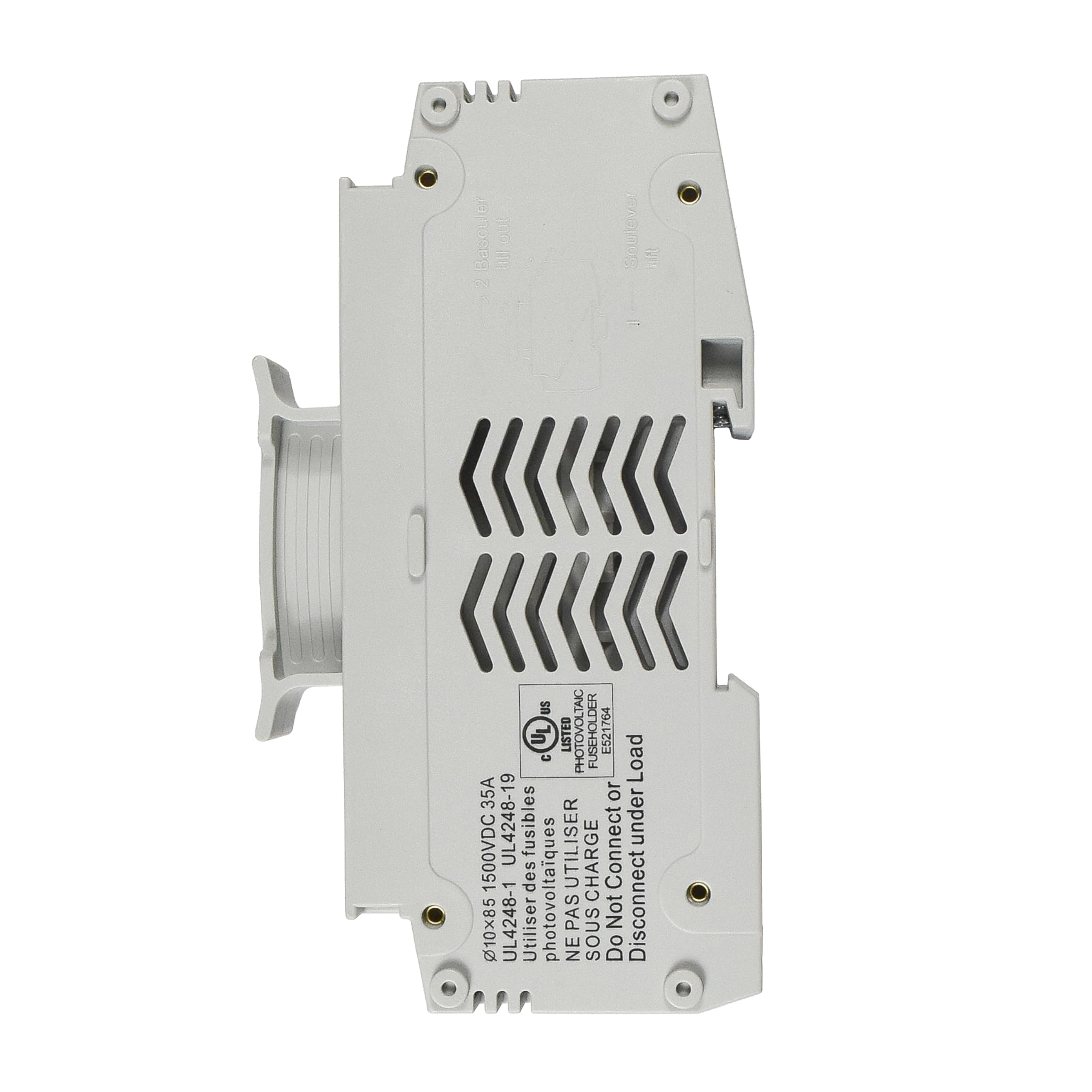 A Bourns 100 I 2 Solar N  
LISTED PHOTOVOLTAIC FUSEHOLDER E521764  
Load 35A or UL4248-19 fusibles under 1500VDC  
1 des photovoltaques NE PAS UTILISER  
CHARGE Connect 10x85 UL4248-1  
Utiliser PAS NE SOUS  
Not Do Disconnect  

01X285-1428-1 UL428-19  
1000VDC 35A  
Utiliser des fusibles  
NE PAS UTILISER  
SOUIS UTILISER  
Do Not Charge  
Disconnect Under Load