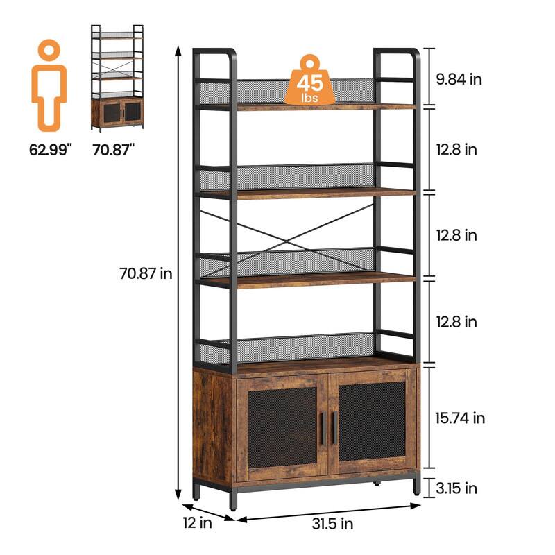 GARVEE - 4-Tier Industrial Bookshelf w/ Mesh Doors,70.87" Rustic Bookcase Display Rack Cabinet for Bedroom,Home Office - Retro Brown