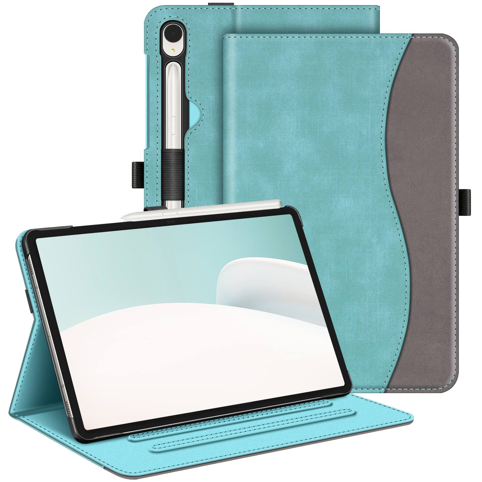 Front. Fintie - Multi-Angle Case for Samsung Galaxy Tab S9, Front Card Pocket, Drop Proof, Scratch-Free Microfiber, S Pen Holder - Turquoise/Brown.