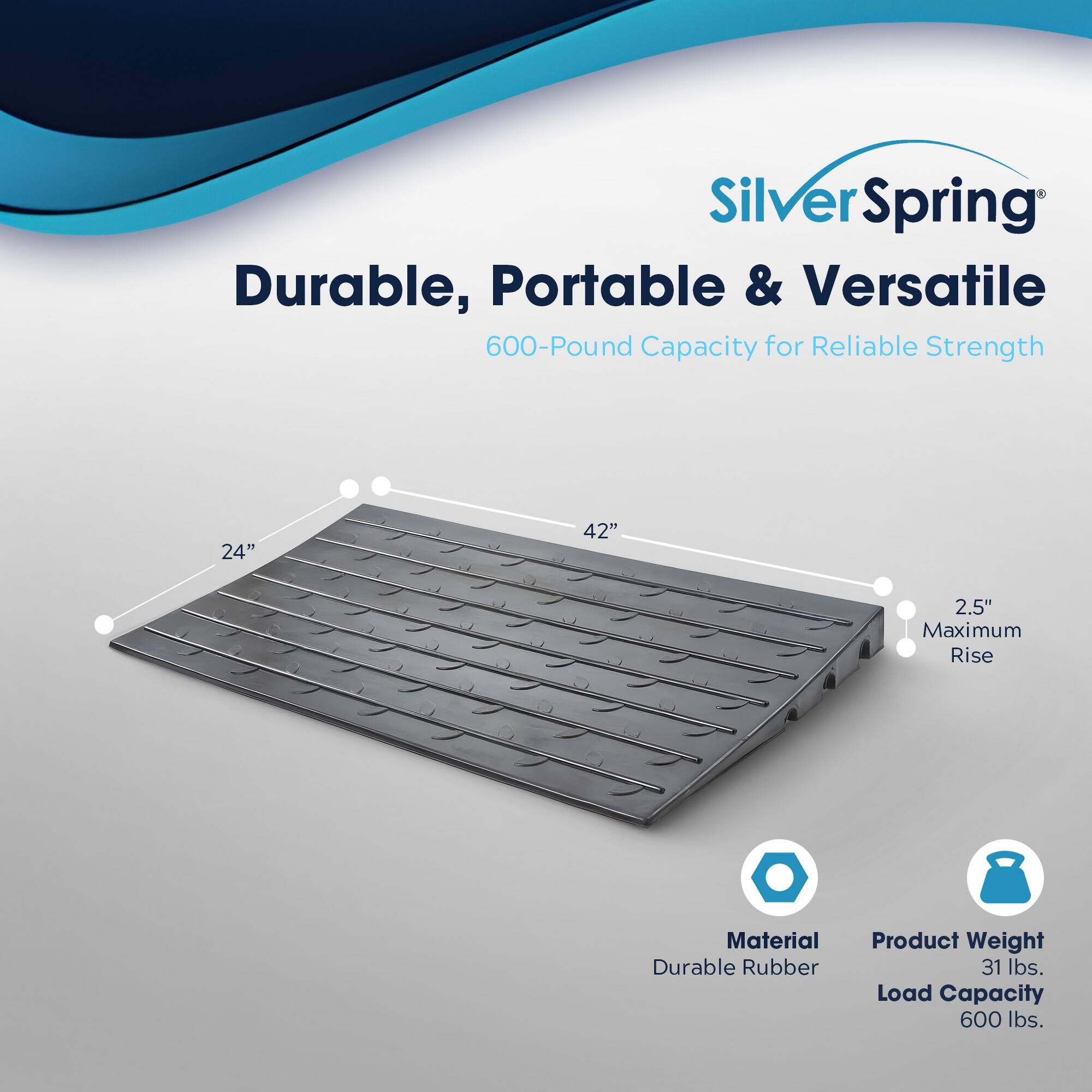 Silver Spring  
Durable, Portable & Versatile  
600-Pound Capacity for Reliable Strength  

24" x 42"  
2.5" Maximum Rise  

Material: Durable Rubber  
Product Weight: 31 lbs.  
Load Capacity: 600 lbs.