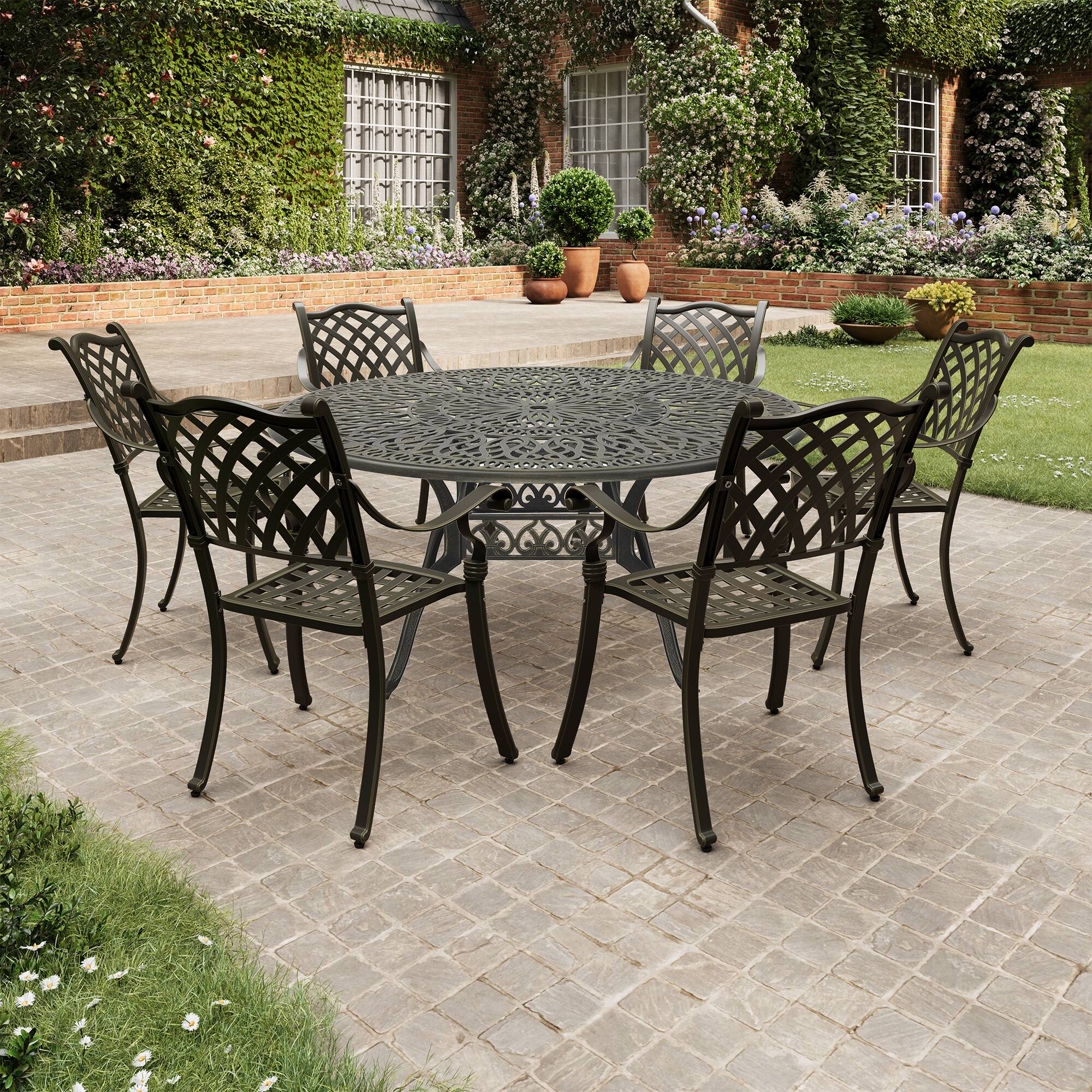 Angle. Mondawe - 7-Piece Cast Aluminum Dining Set with Round Table and 6 Ergonomic Chairs - Bronze.