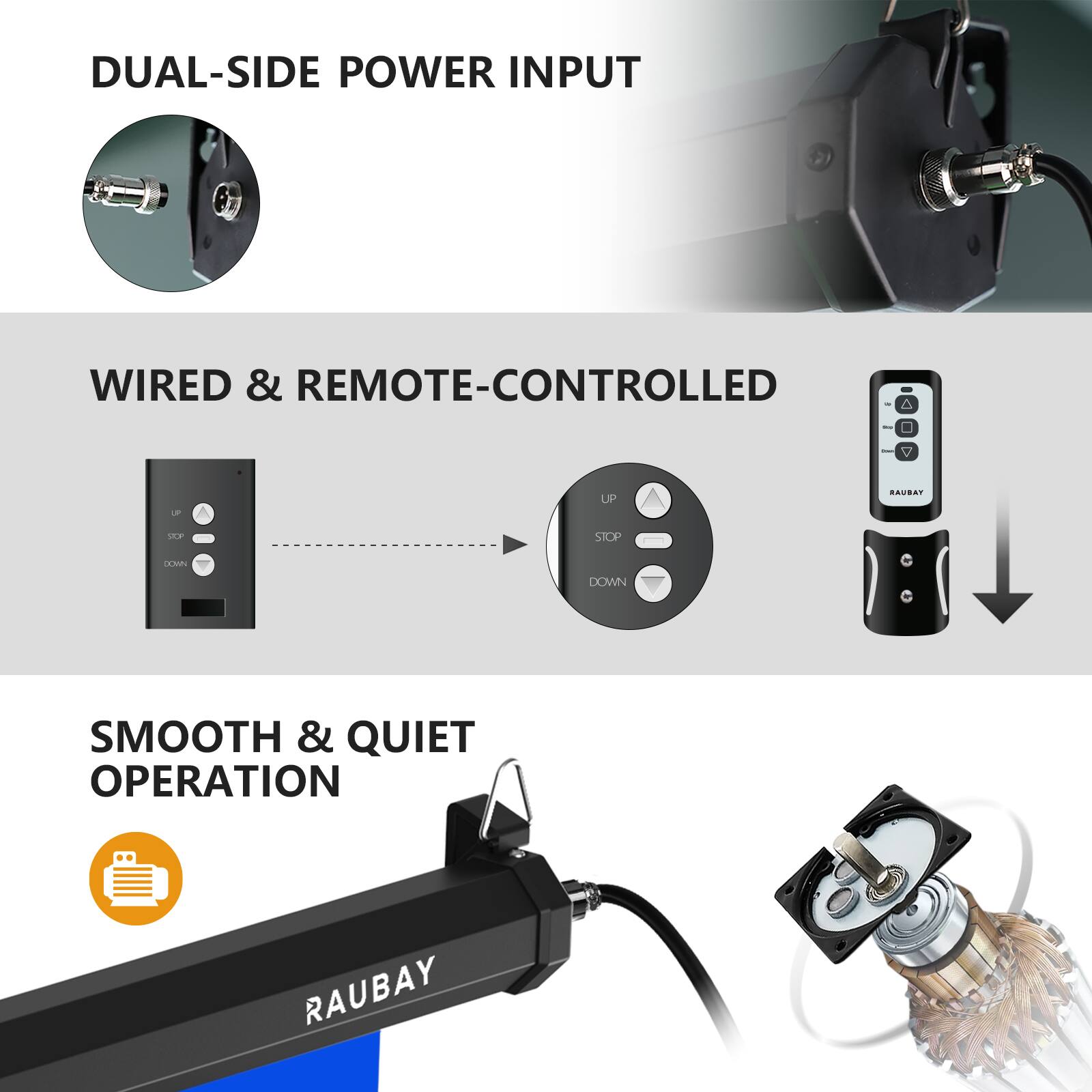 DUAL-SIDE POWER INPUT

WIRED & REMOTE-CONTROLLED

SMOOTH & QUIET OPERATION