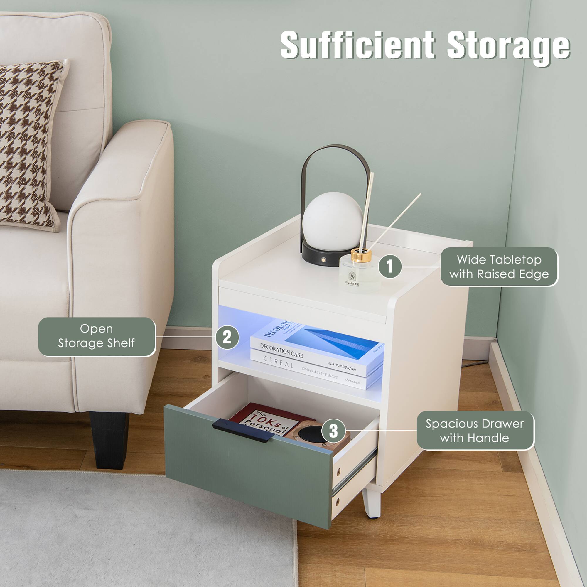 Sufficient Storage

1. Wide Tabletop with Raised Edge
2. Open Storage Shelf
3. Spacious Drawer with Handle