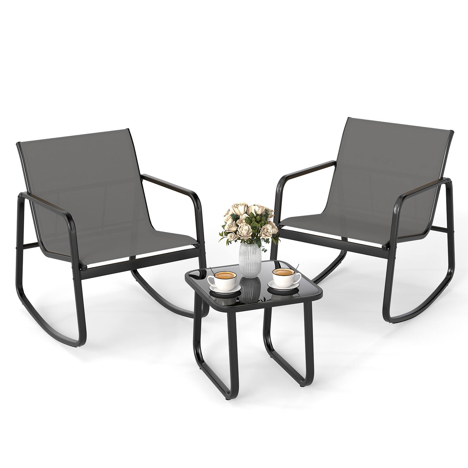 Alt View 1. Costway - Costway 3 Piece Patio Rocking Set 2 Rocking Bistro Chairs & Glass-Top Table for Porch - Black & Gray.