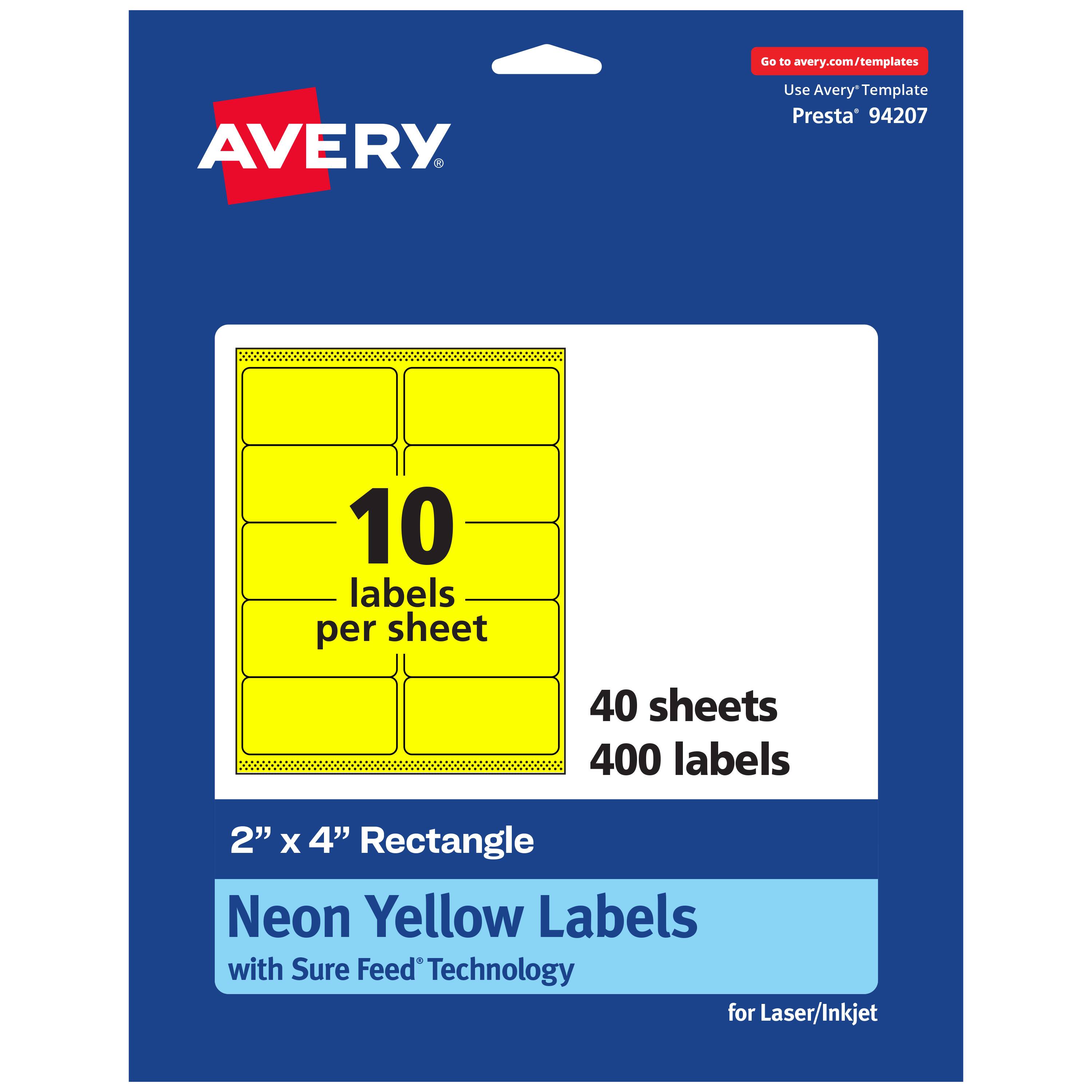 Go to avery.com/templates

AVERY

Use Avery Template Presta* 94207

10 labels per sheet

40 sheets

400 labels

2" x 4" Rectangle

Neon Yellow Labels

with Sure Feed* Technology

for Laser/Inkjet