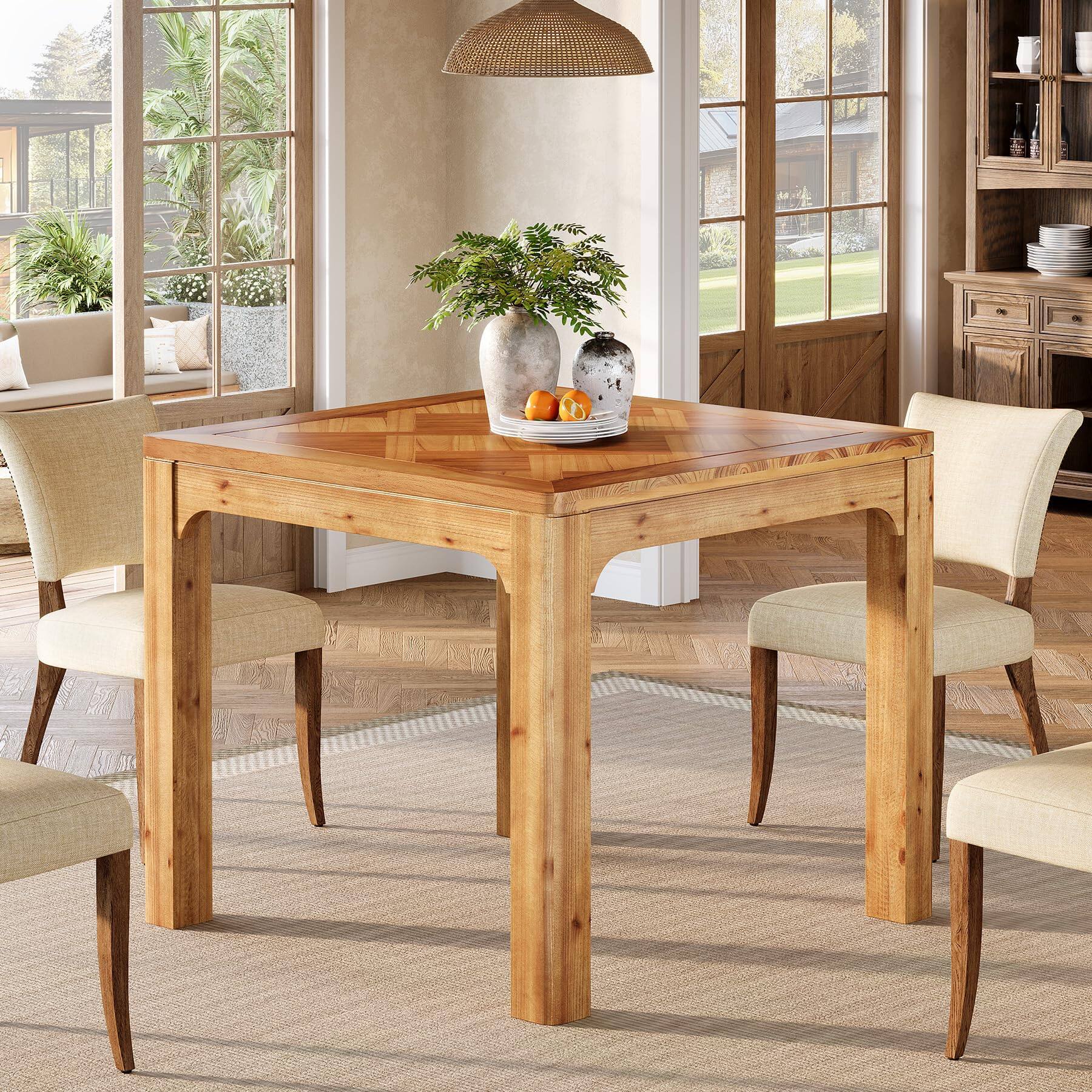 Alt View 3. Tribesigns - 31.5" Square Farmhouse Dining Table, Solid Wood Rustic Kitchen Table with 3D Textured Tabletop, Wooden Dinner for Dining - Rustic Brown.