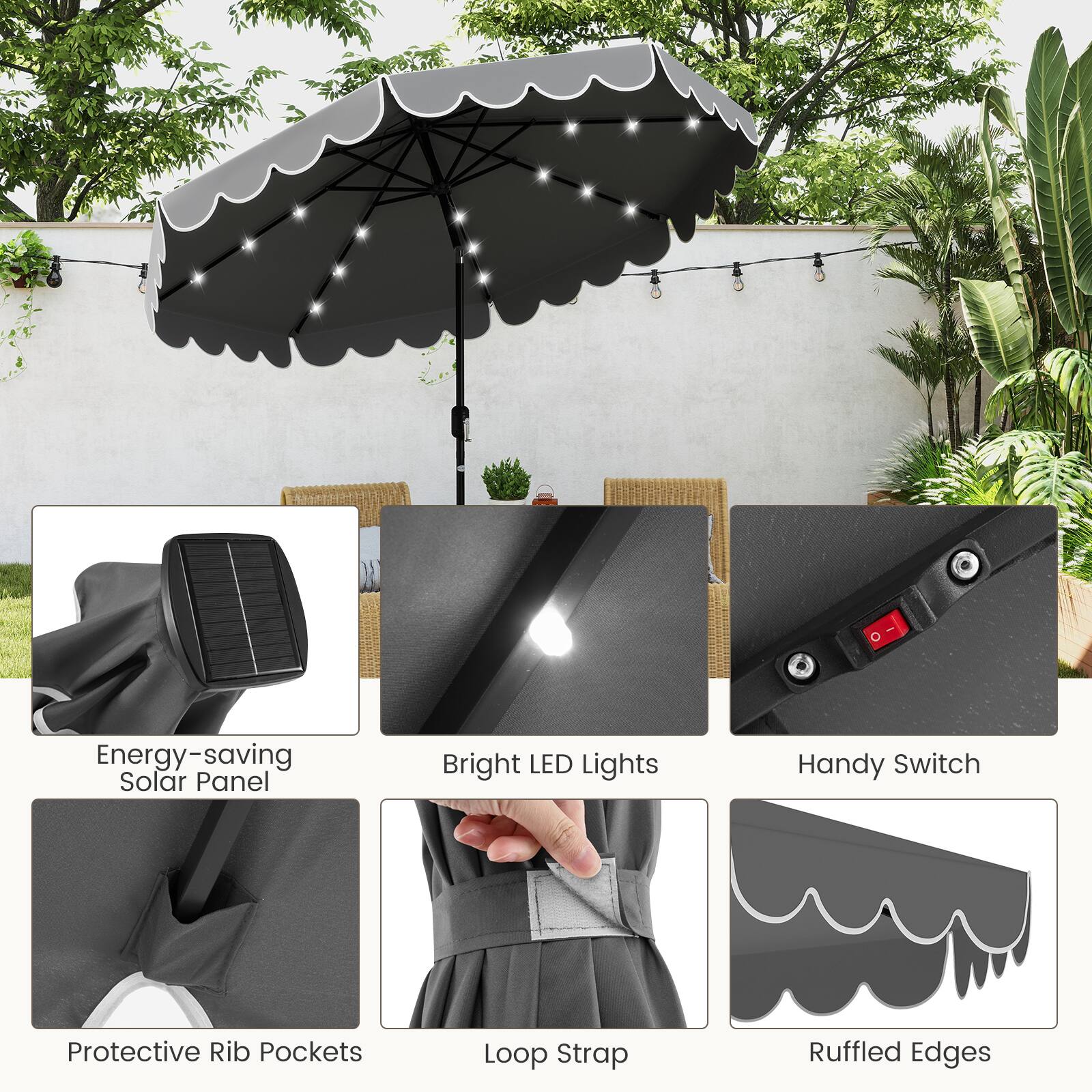 Energy-saving Solar Panel, Bright LED Lights, Handy Switch, Protective Rib Pockets, Loop Strap, Ruffled Edges