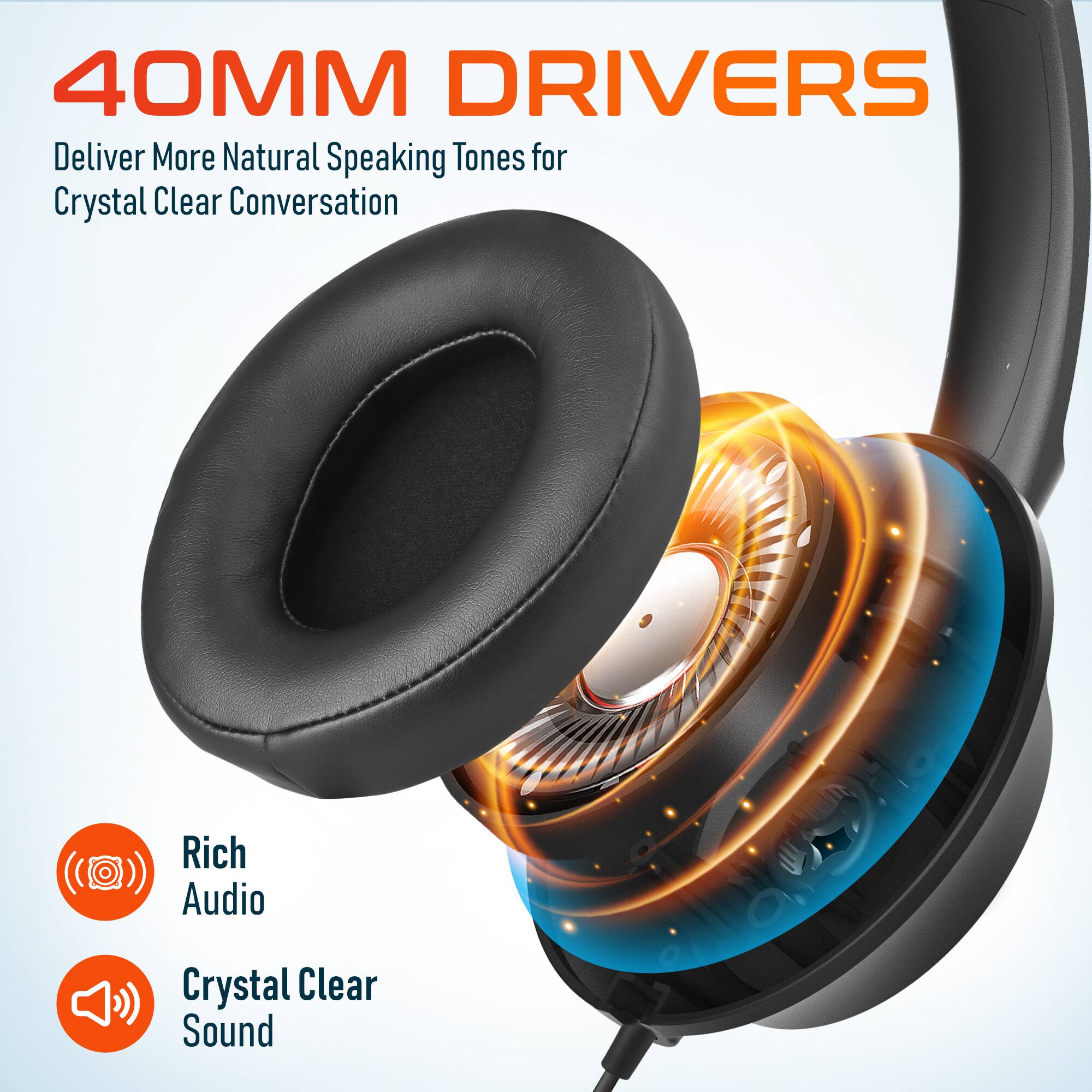 40MM DRIVERS, Deliver More Natural Speaking Tones for Crystal Clear Conversation, Rich Audio, Crystal Clear Sound