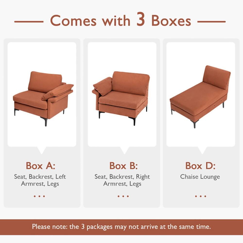 Comes with 3 Boxes

Box A: Seat, Backrest, Left Armrest, Legs

Box B: Seat, Backrest, Right Armrest, Legs

Box D: Chaise Lounge

Please note: the 3 packages may not arrive at the same time.
