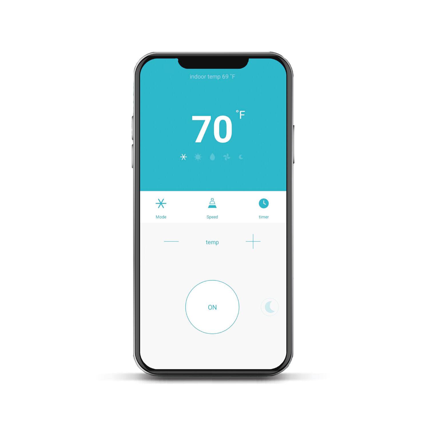 Indoor temp 60°F. F 70°F. Mode: Speed. Timer: Temp + ON