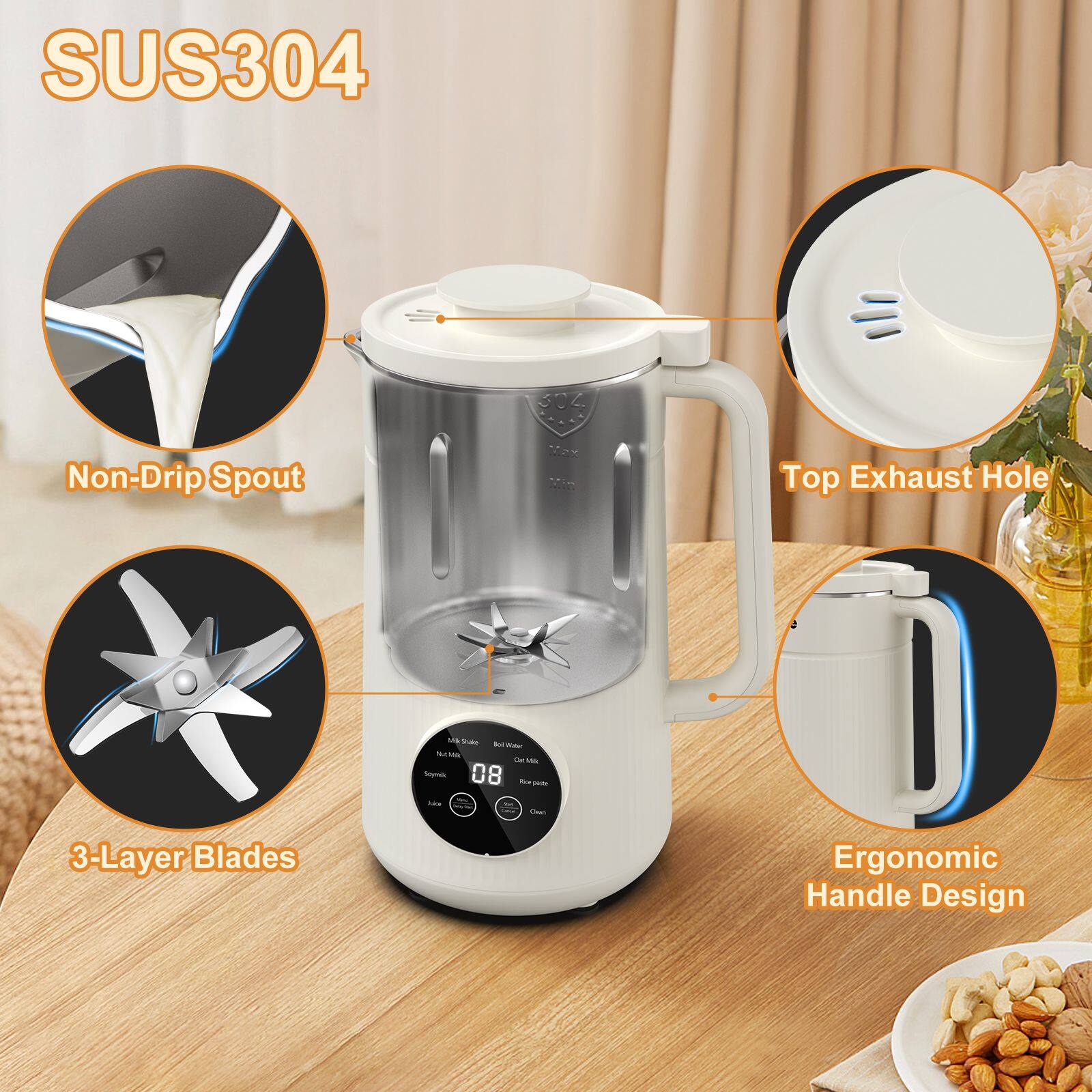 SUS304

- Non-Drip Spout
- Top Exhaust Hole
- 3-Layer Blades
- Ergonomic Handle Design