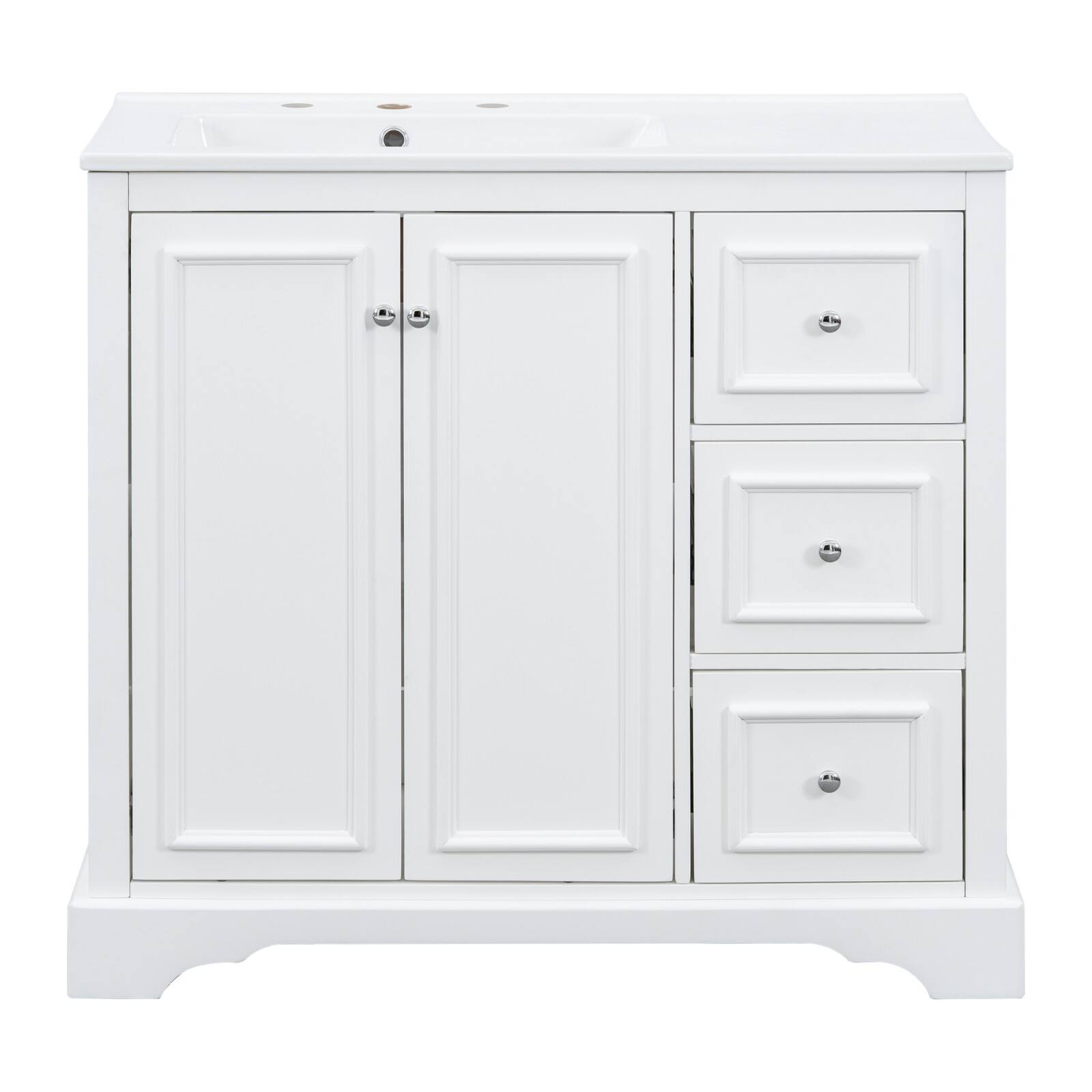 Front. Glintex - 36 Inch Transitional Bathroom Vanity with Ceramic Sink, 3 Drawers, Adjustable Shelf, and Soft-Close Doors - White.
