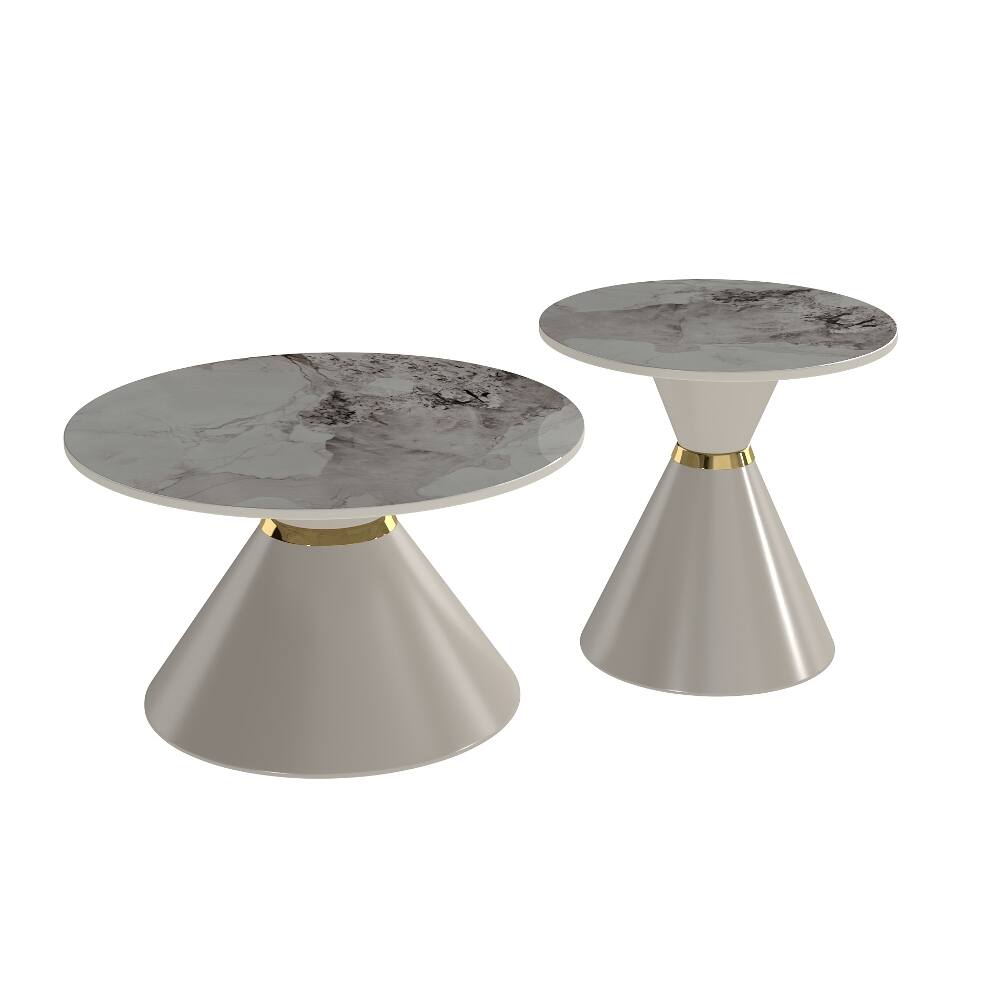 Angle. Loheer - Loheer Round Nesting Coffee Table Set of 2 Sintered Stone Top Khaki Pedestal Base - Khaki.