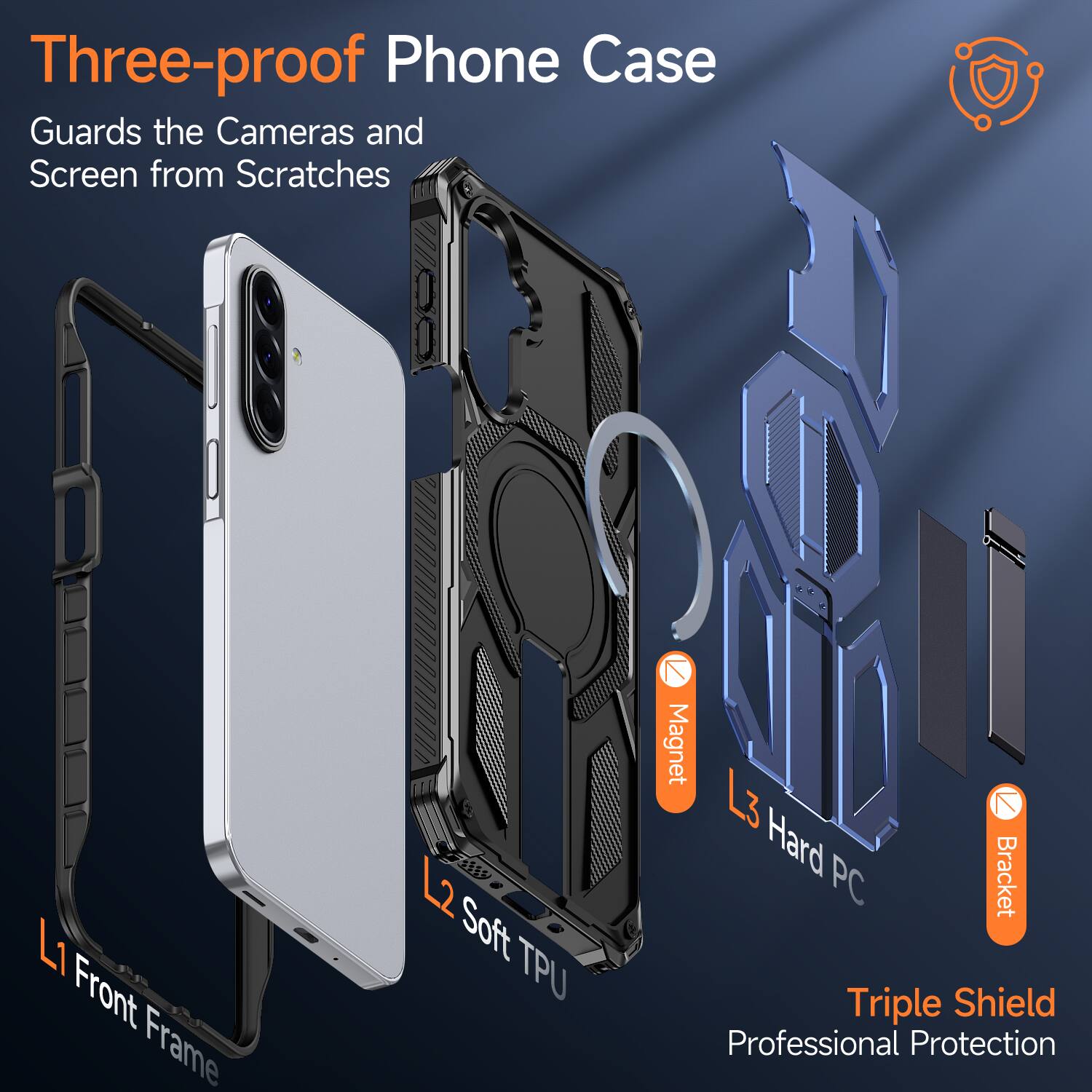 Three-proof Phone Case  
Guards the Cameras and Screen from Scratches  

L1 Front Frame  
Soft TPU  
Magnet  
L2 Soft TPU  
L3 Hard PC Bracket  
Triple Shield  
Professional Protection