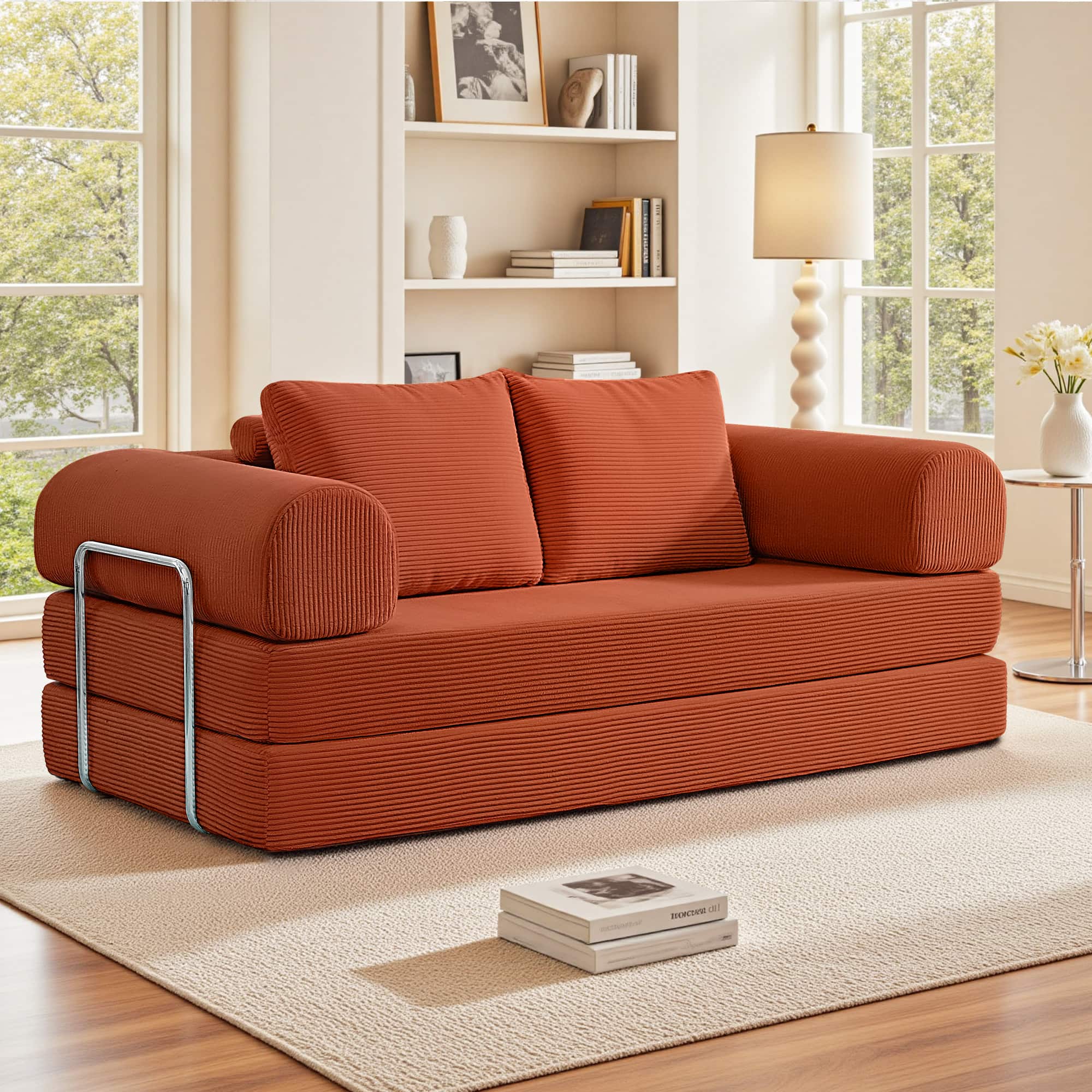 KERDOM - 3-4 Person Sectional Sofa 78'' W, Foldable Modular Corduroy Combination Couch Bed for Apartment, No Assembly Required - Reddish Brown