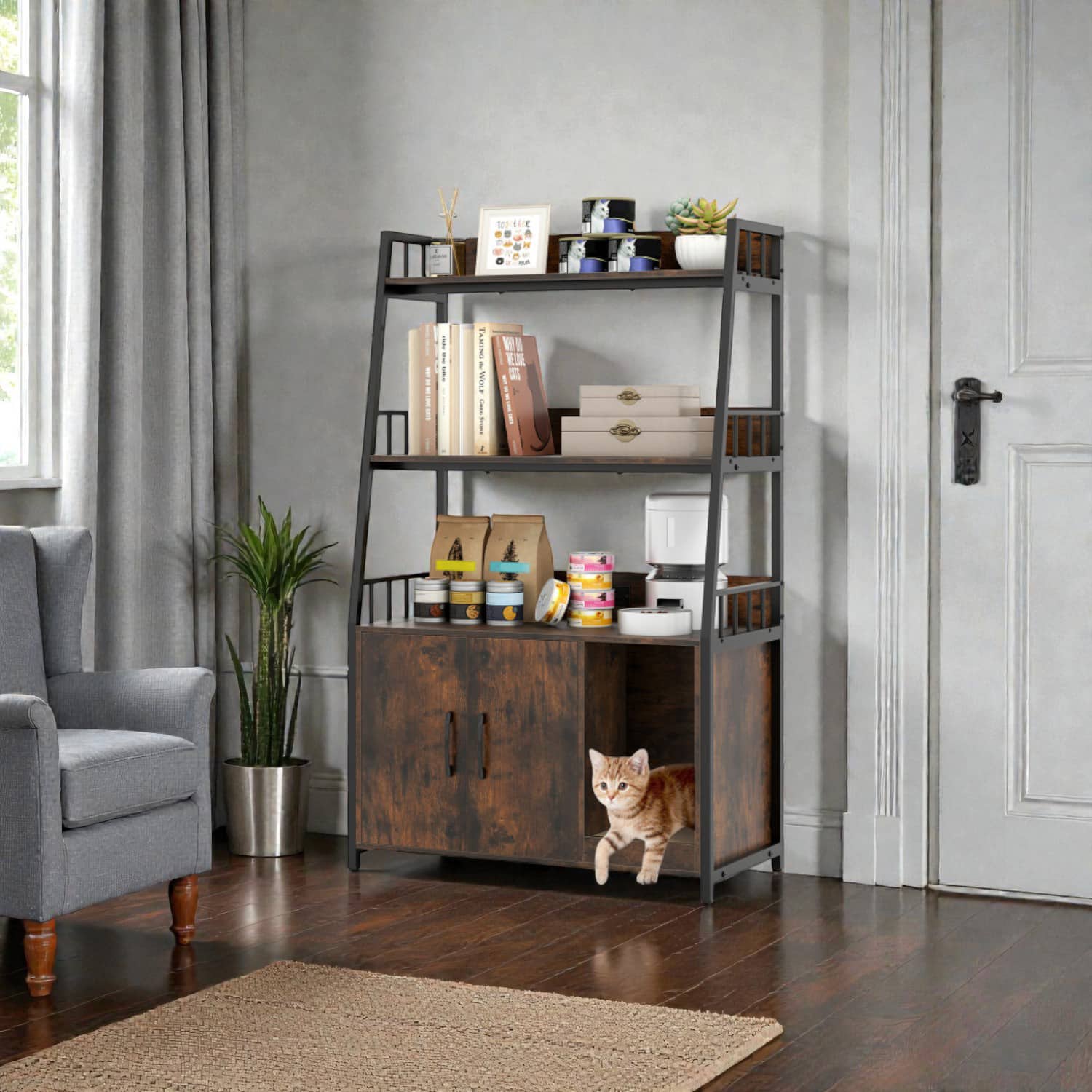 BreeBe - Modern Cat Litter Box Stand with Organizer Shelves and Scratching Surface - Rustic Brown