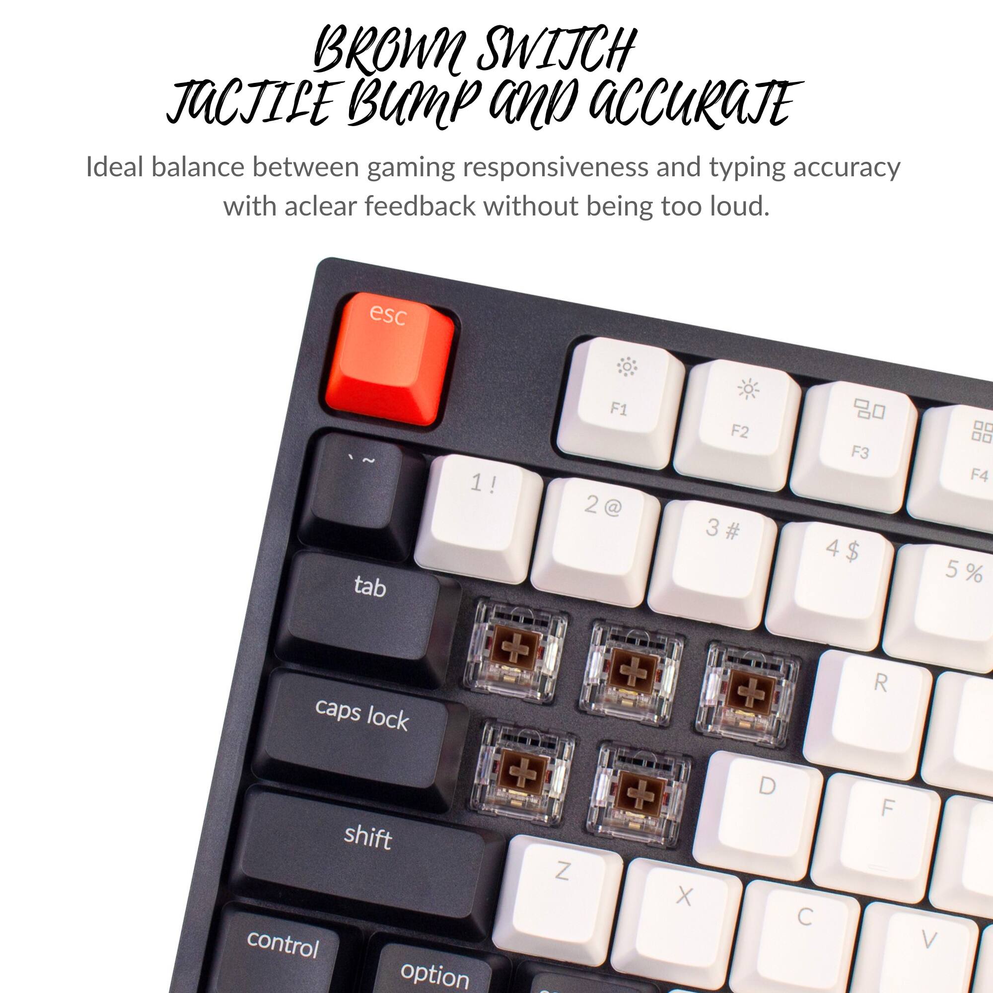 BROWN SWITCH  
TACTILE BUMP AND ACCURATE  
Ideal balance between gaming responsiveness and typing accuracy with a clear feedback without being too loud.  

esc tab 1! F1 2 @ F2 3 # F3 4 $ F4 5 % caps lock + R shift control option Z - X D C F V