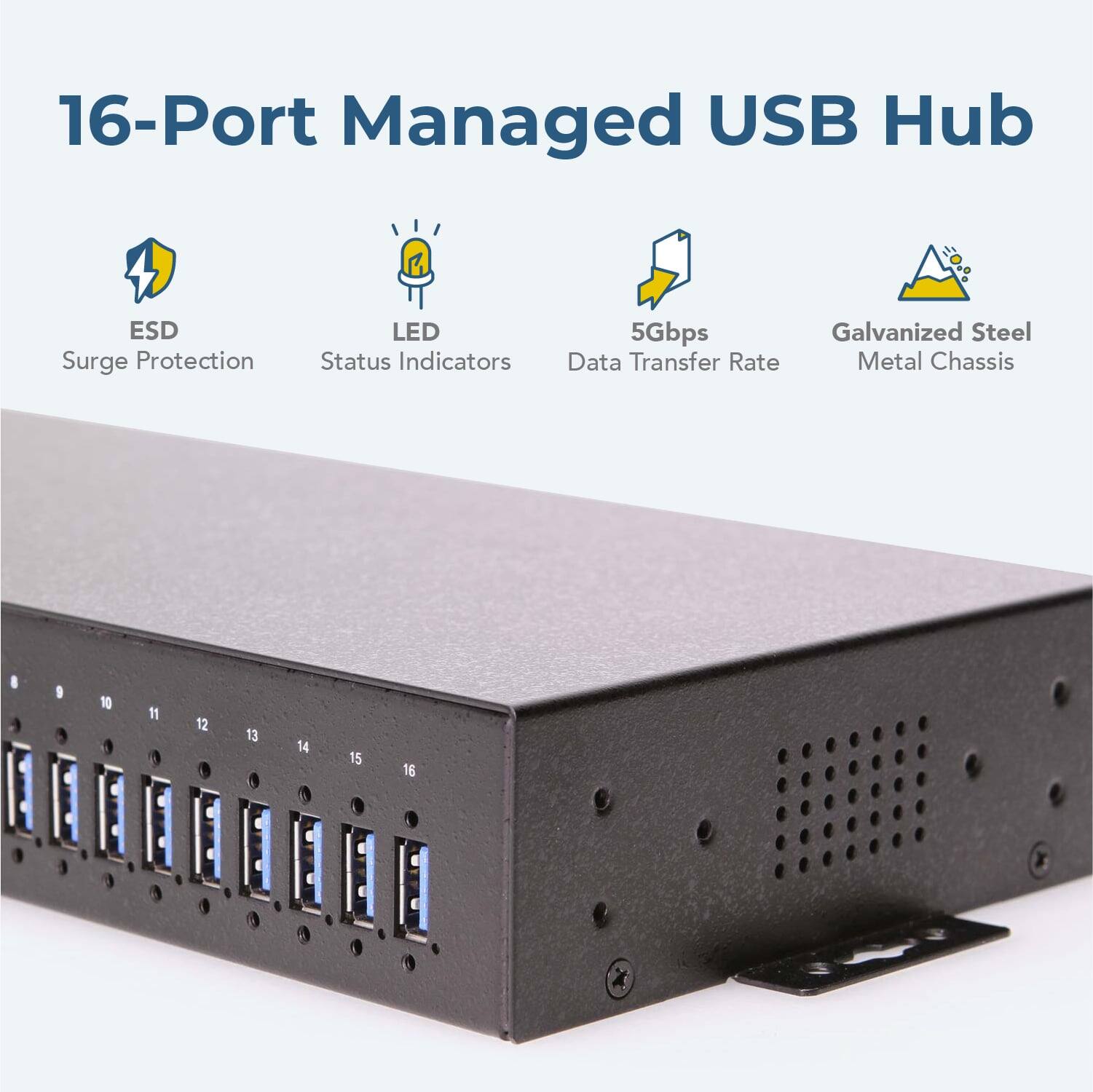 16-Port Managed USB Hub  
ESD Surge Protection  
LED Status Indicators  
5Gbps Data Transfer Rate  
Galvanized Steel Metal Chassis  

9 10 11 12 13 14 15 16